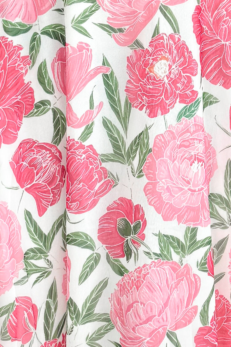 Pink Floral Maxi Dress With Convertible Scarf fabric detail.