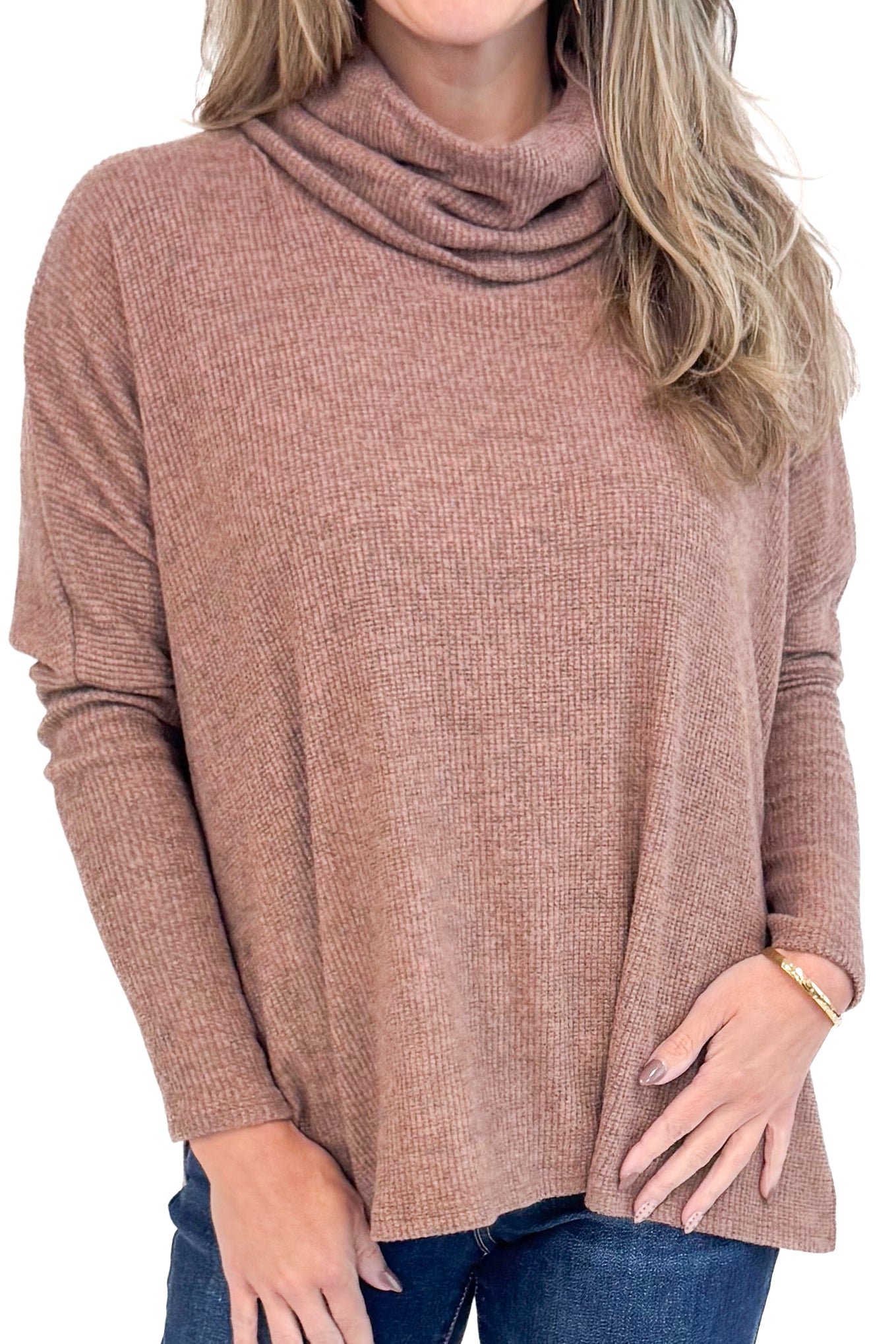Woman wearing Sweet As Pie Brown Cowlneck Brushed Top - detailed front view showing elegant cowlneck design and soft brown color.