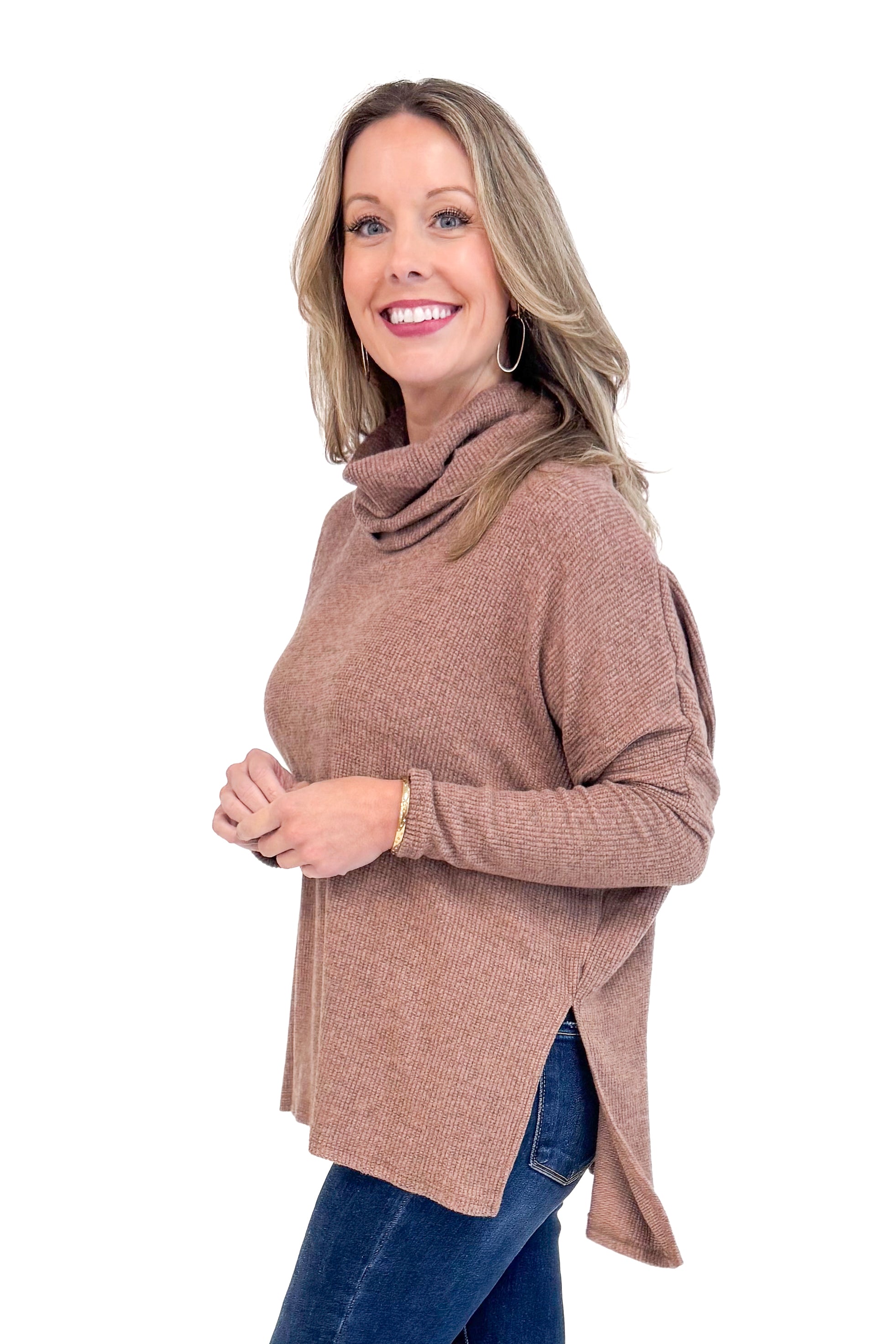 Woman wearing Sweet As Pie Brown Cowlneck Brushed Top - side view showing elegant cowlneck design and soft brown color.