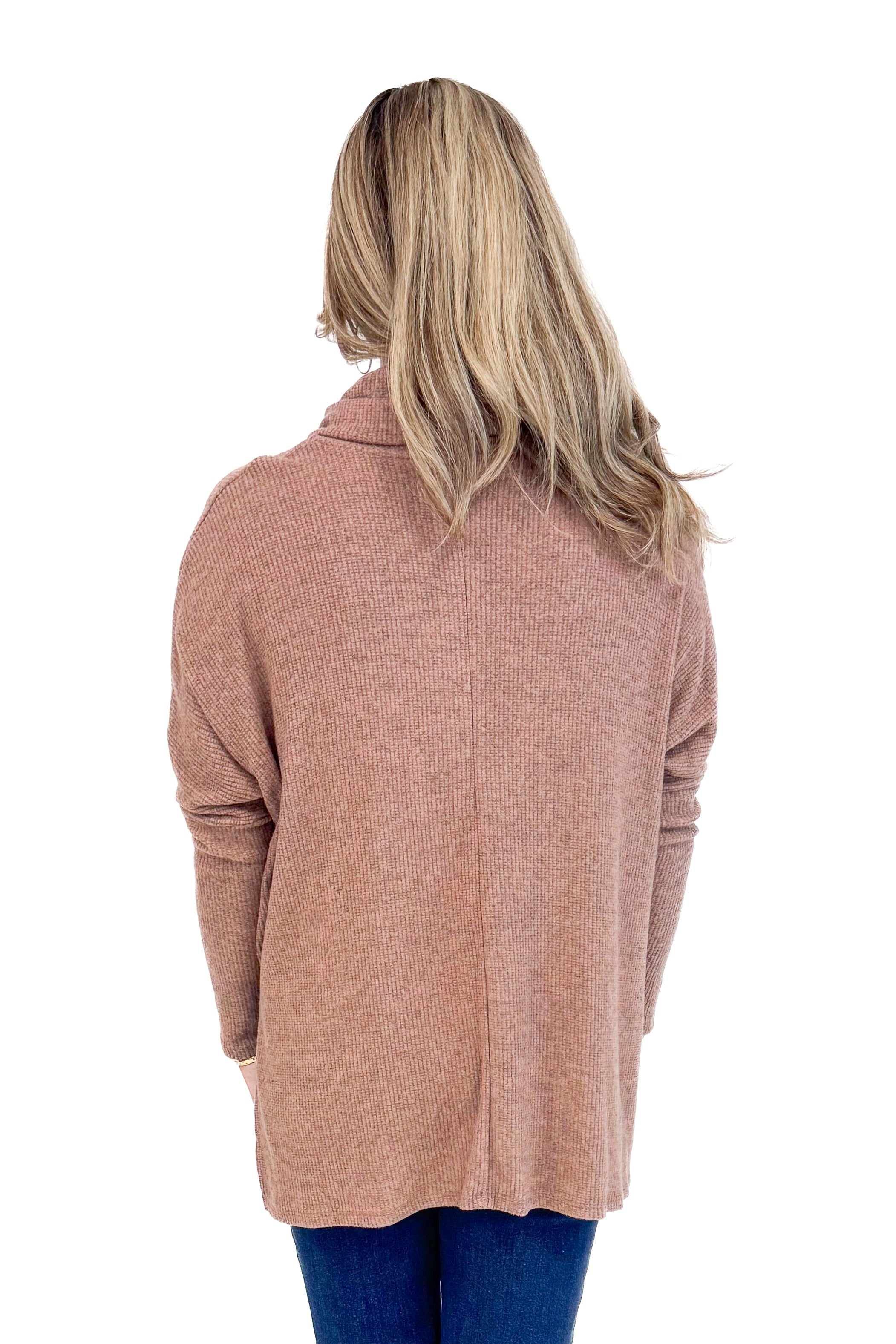 Woman wearing Sweet As Pie Brown Cowlneck Brushed Top - back view showing elegant cowlneck design and soft brown color.