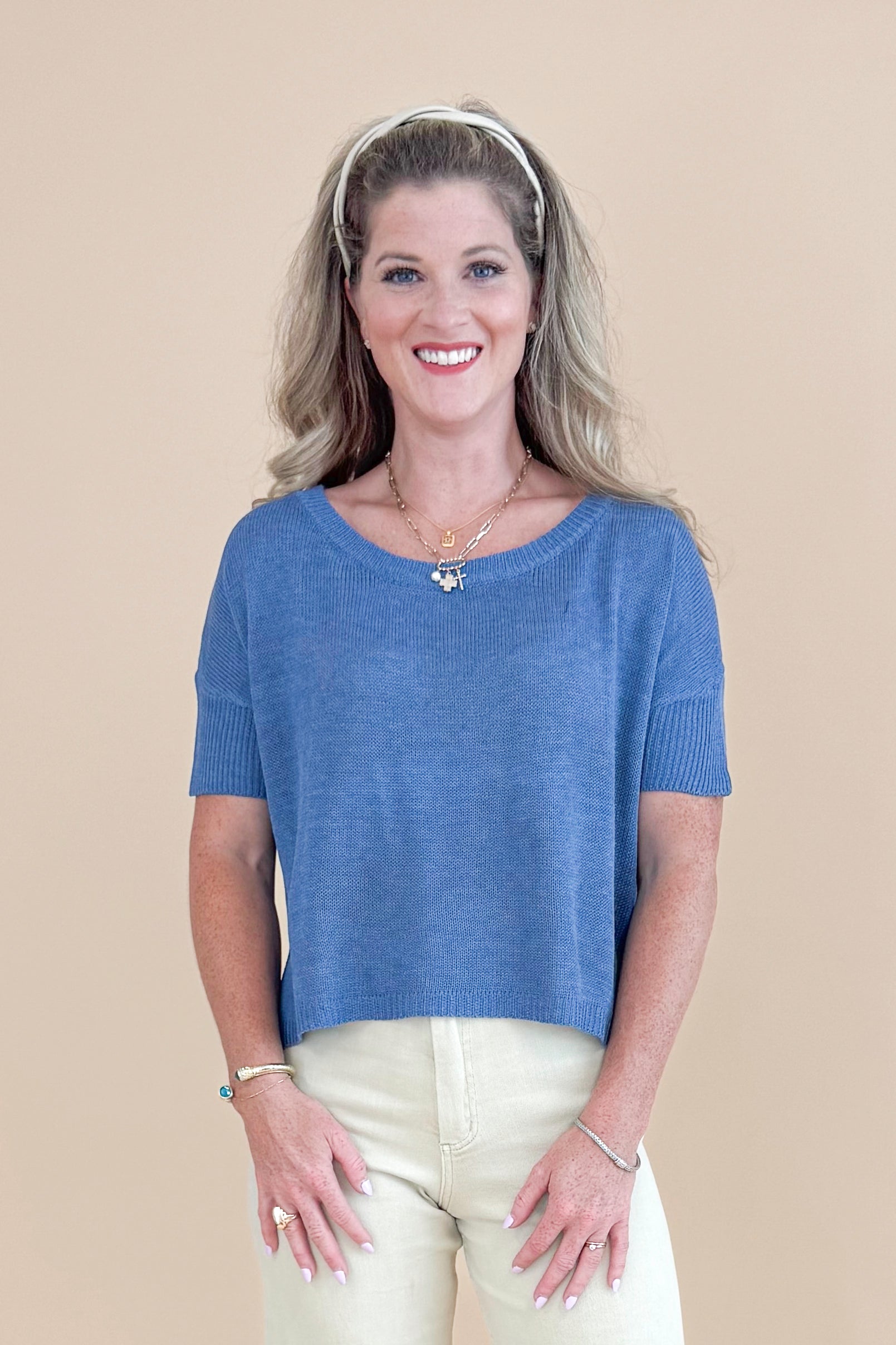 Cup Half Full Blue Boatneck Short Sleeve Sweater