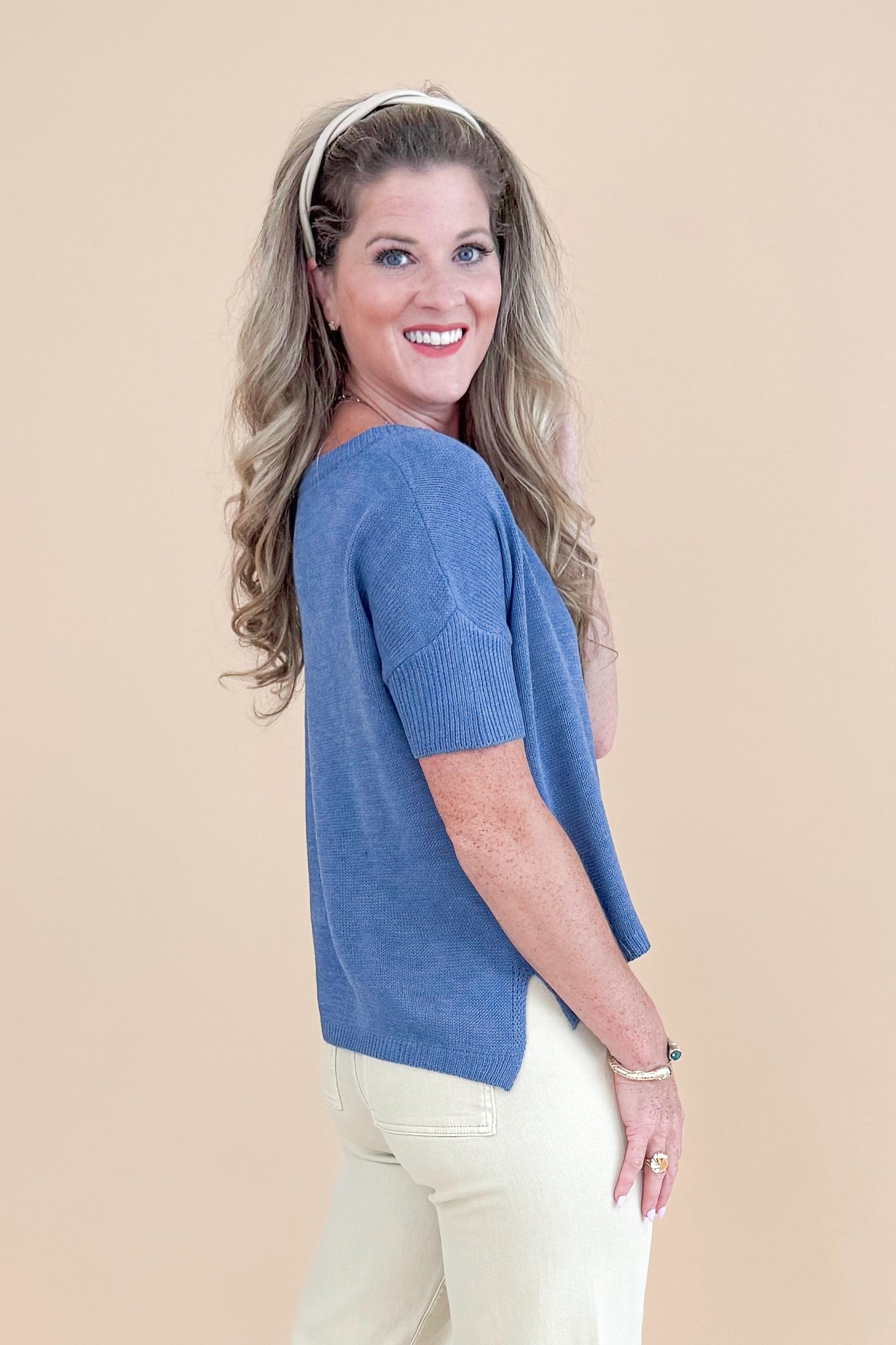 Cup Half Full Blue Boatneck Short Sleeve Sweater