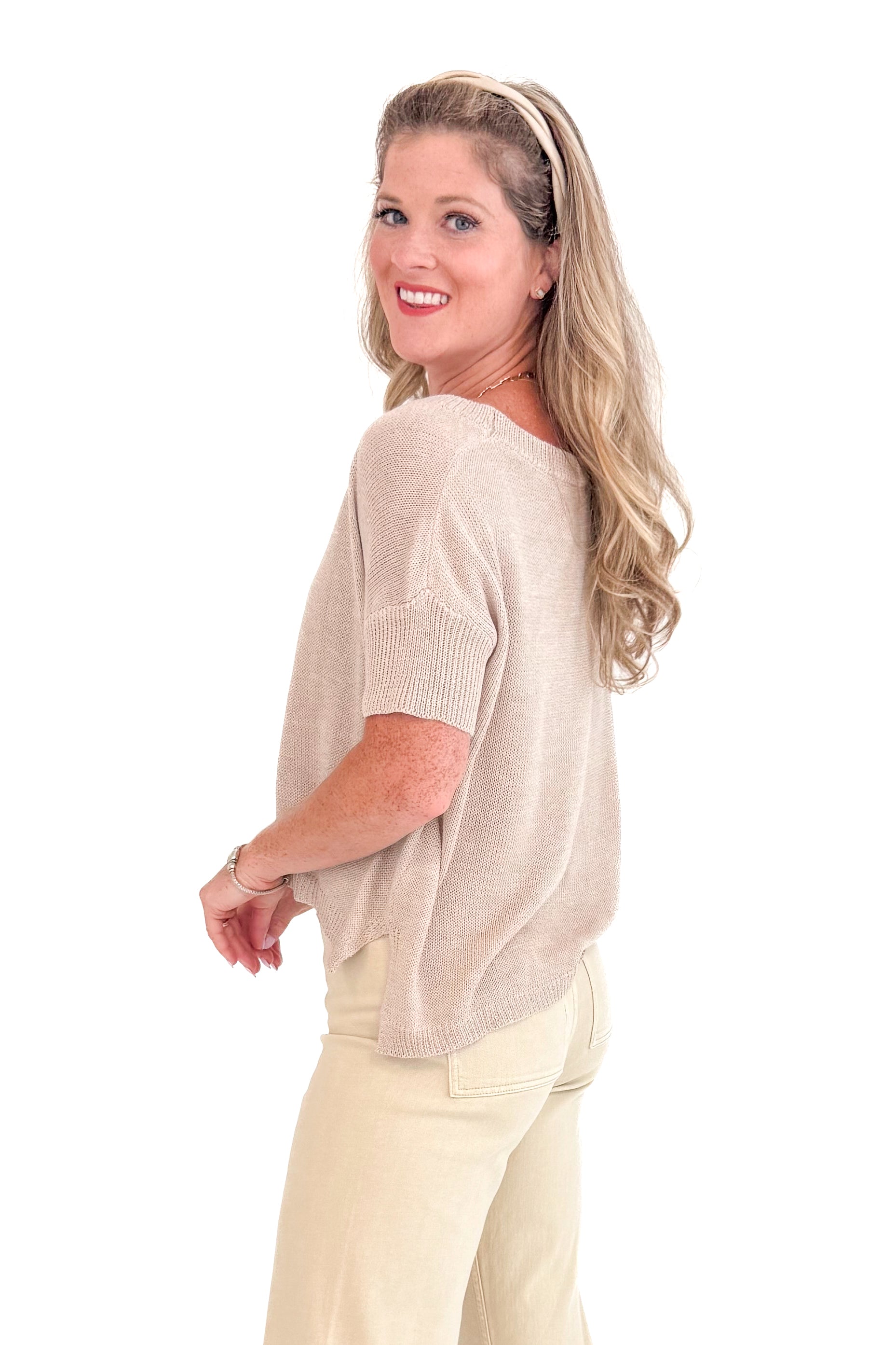 Cup Half Full Taupe Boatneck Short Sleeve Sweater