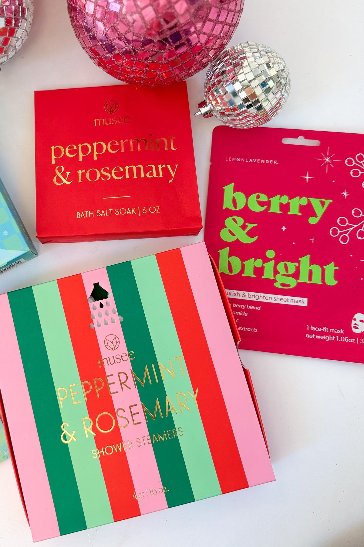 PepperMint Bath Salts and spa items against holiday studio background.