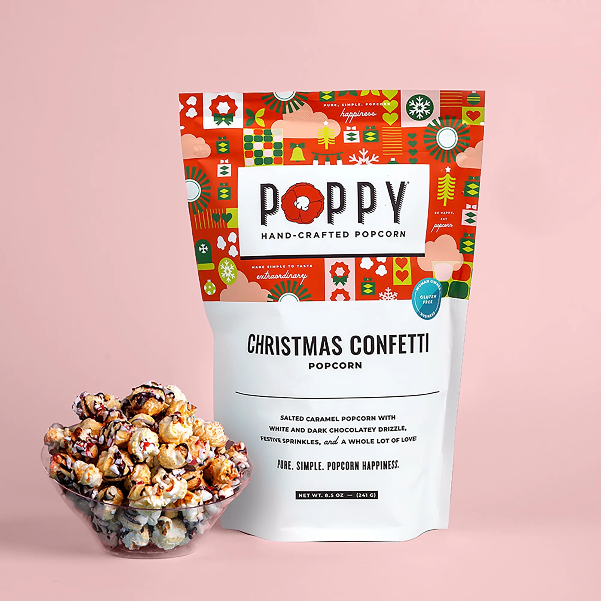 Poppy Popcorn Christmas Confetti bag and popcorn shown.