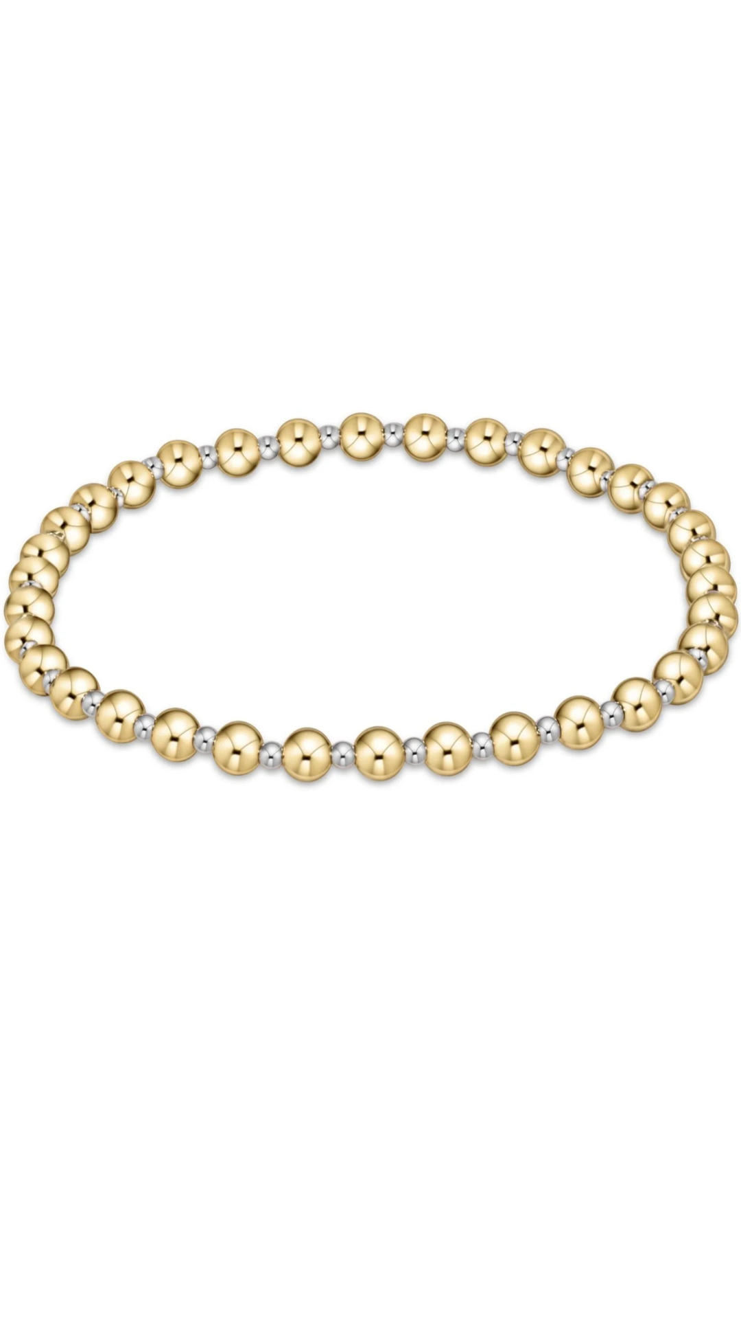 A stretch bracelet made of alternating polished gold and matte silver round beads, displayed horizontally on a clean white background.