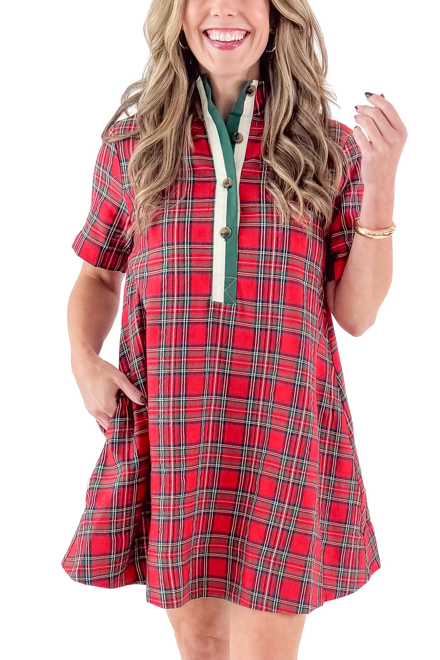 Front detailed view of woman wearing Red Gingham Dress by Entro against white studio background.