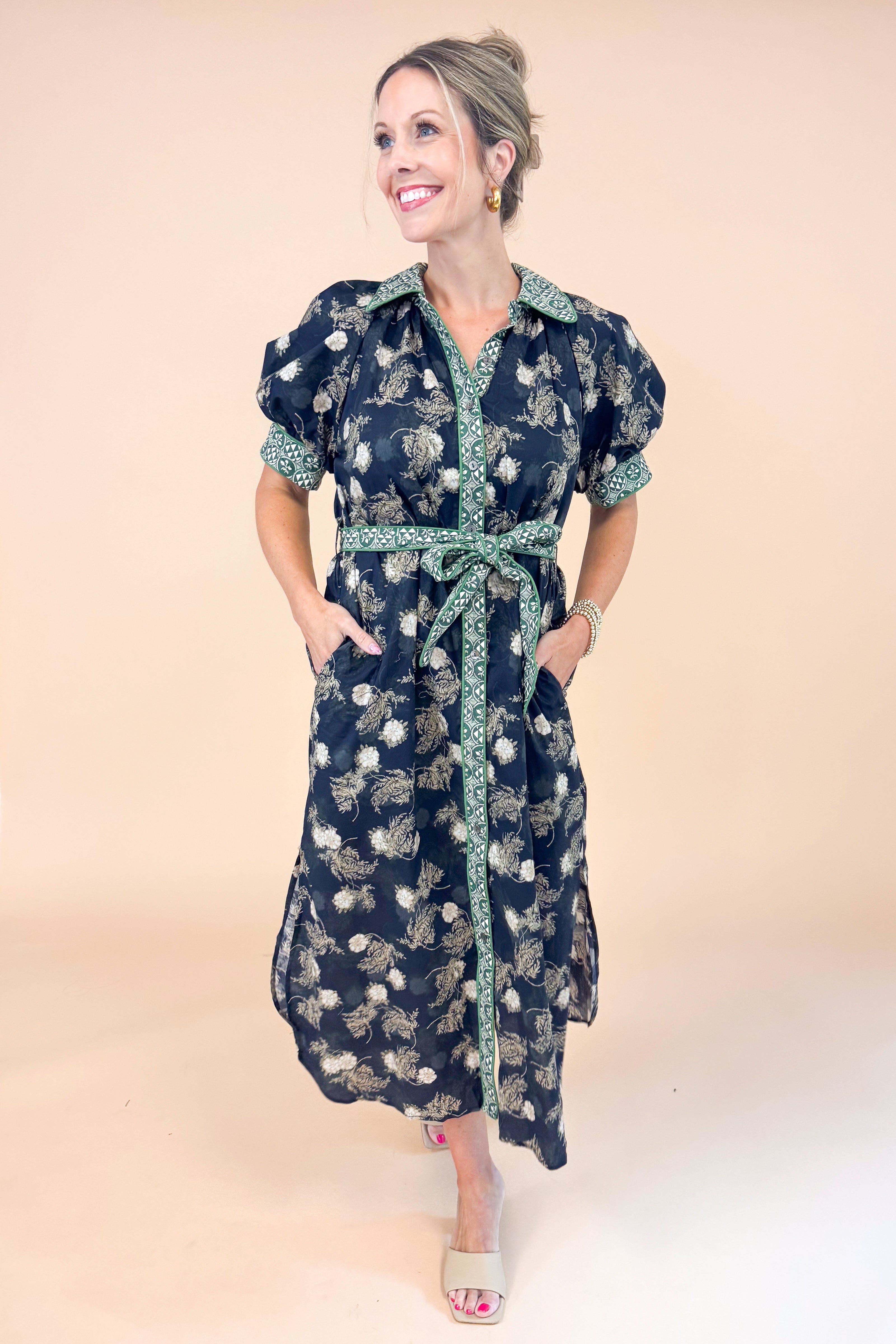 Don’t Be Shy Navy & Olive Floral Printed Midi Dress