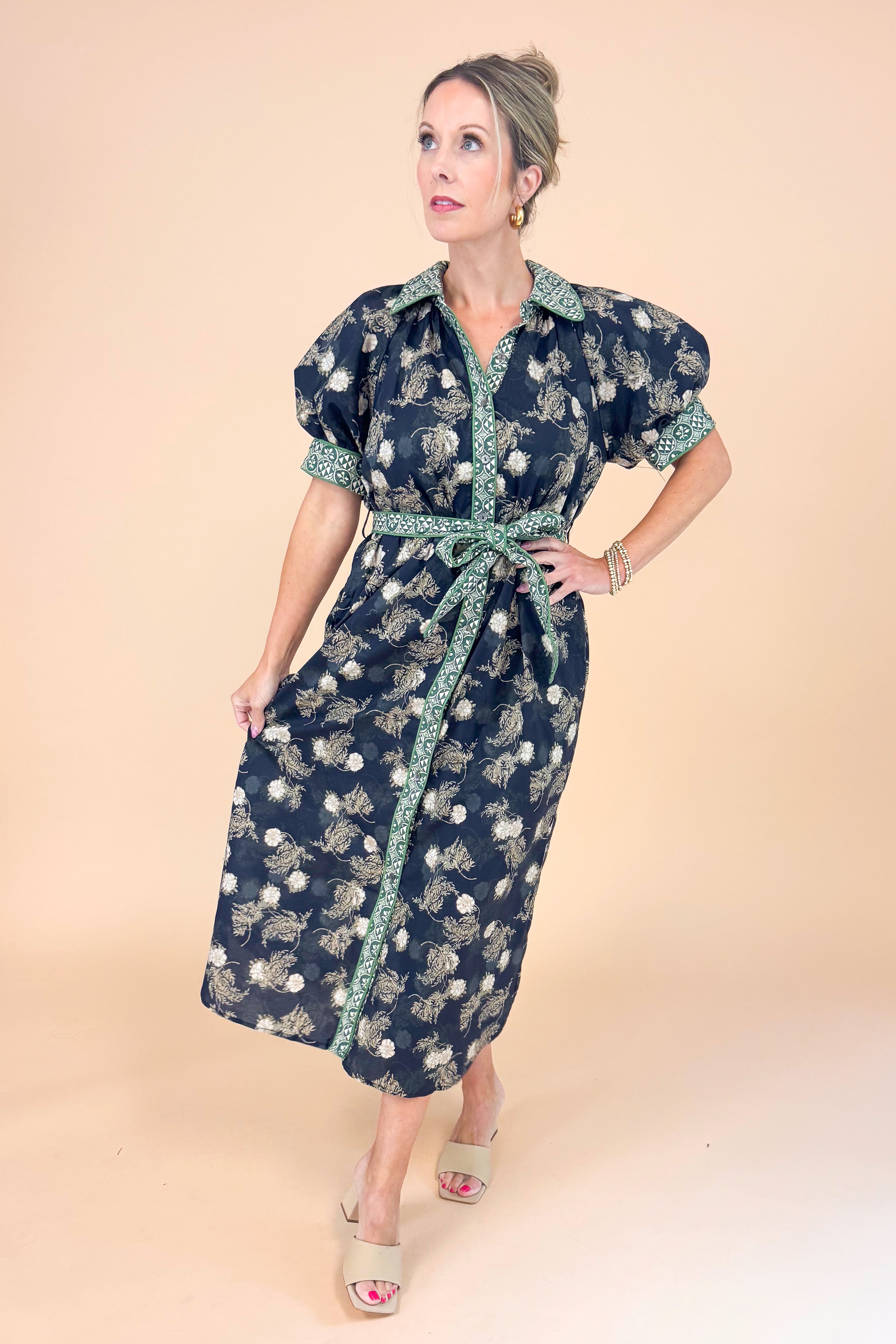 Don’t Be Shy Navy & Olive Floral Printed Midi Dress