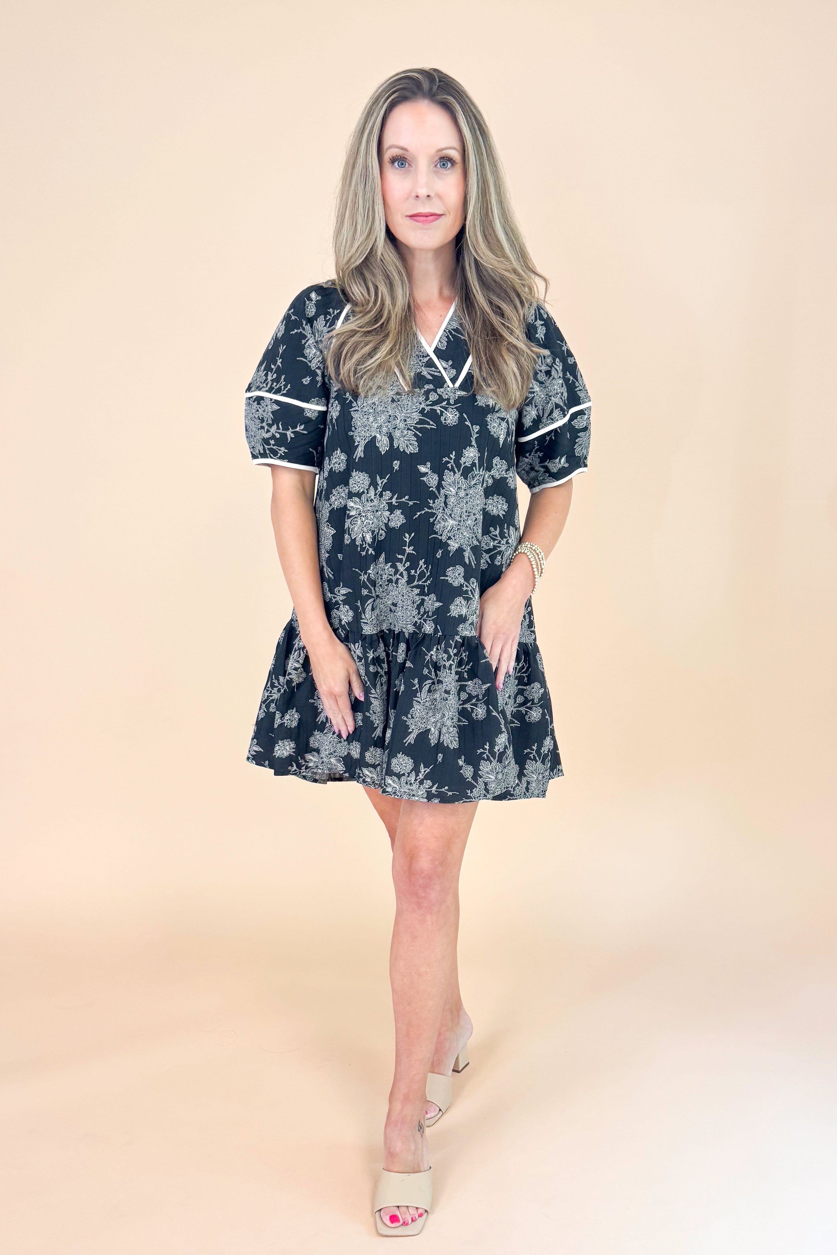 In Full Swing Black Floral V-neck Short Sleeve Dress