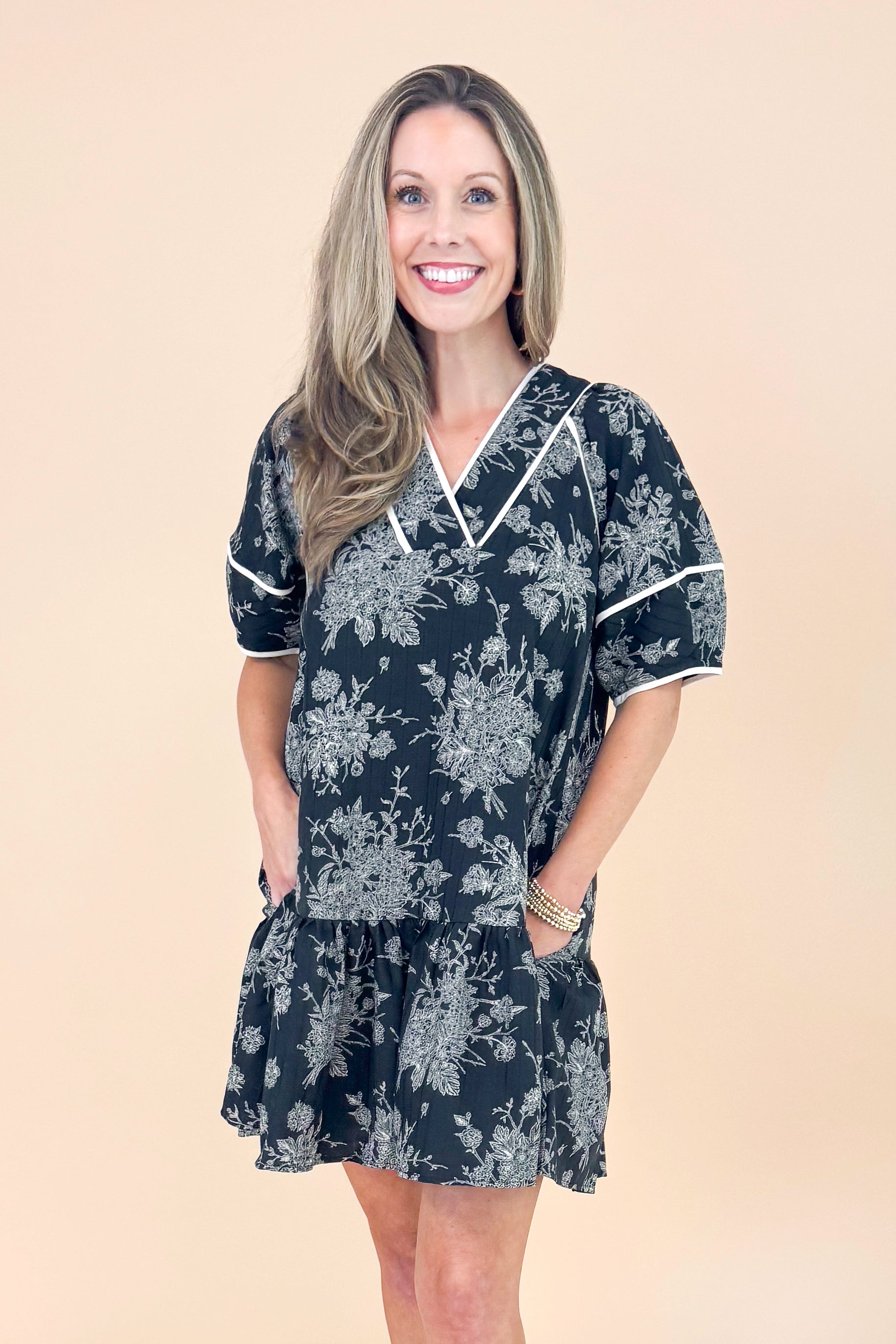 In Full Swing Black Floral V-neck Short Sleeve Dress
