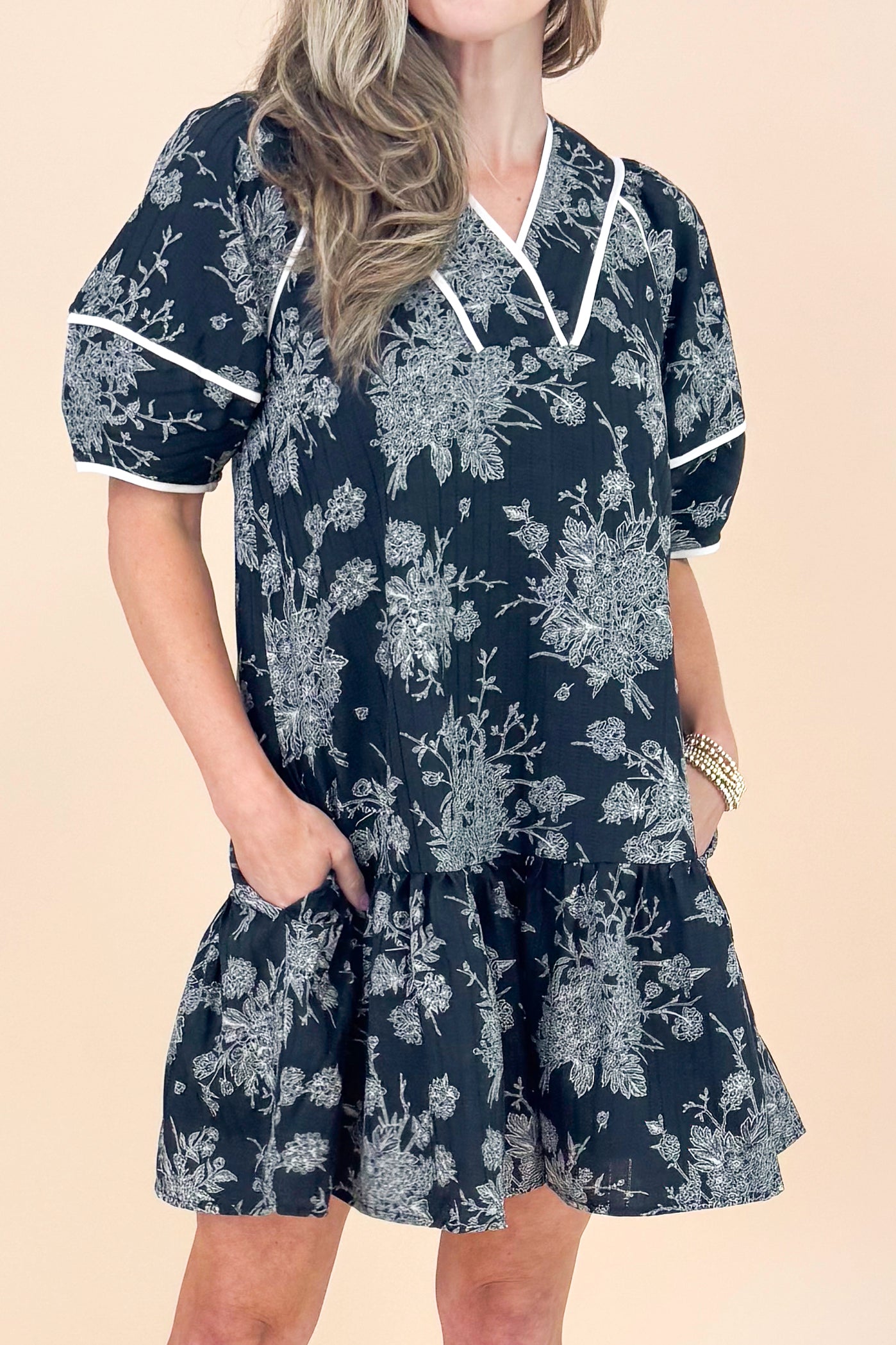 In Full Swing Black Floral V-neck Short Sleeve Dress