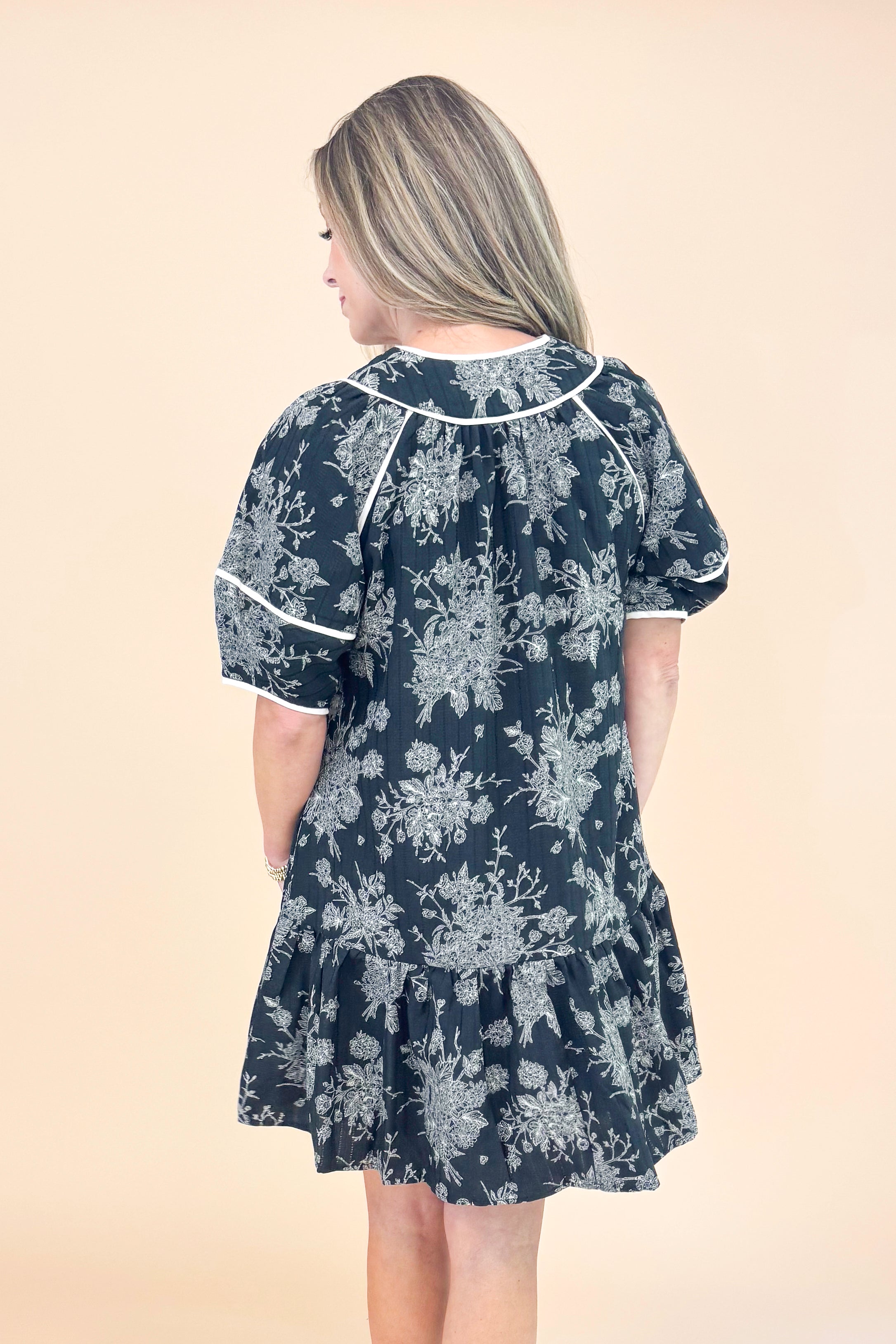 In Full Swing Black Floral V-neck Short Sleeve Dress