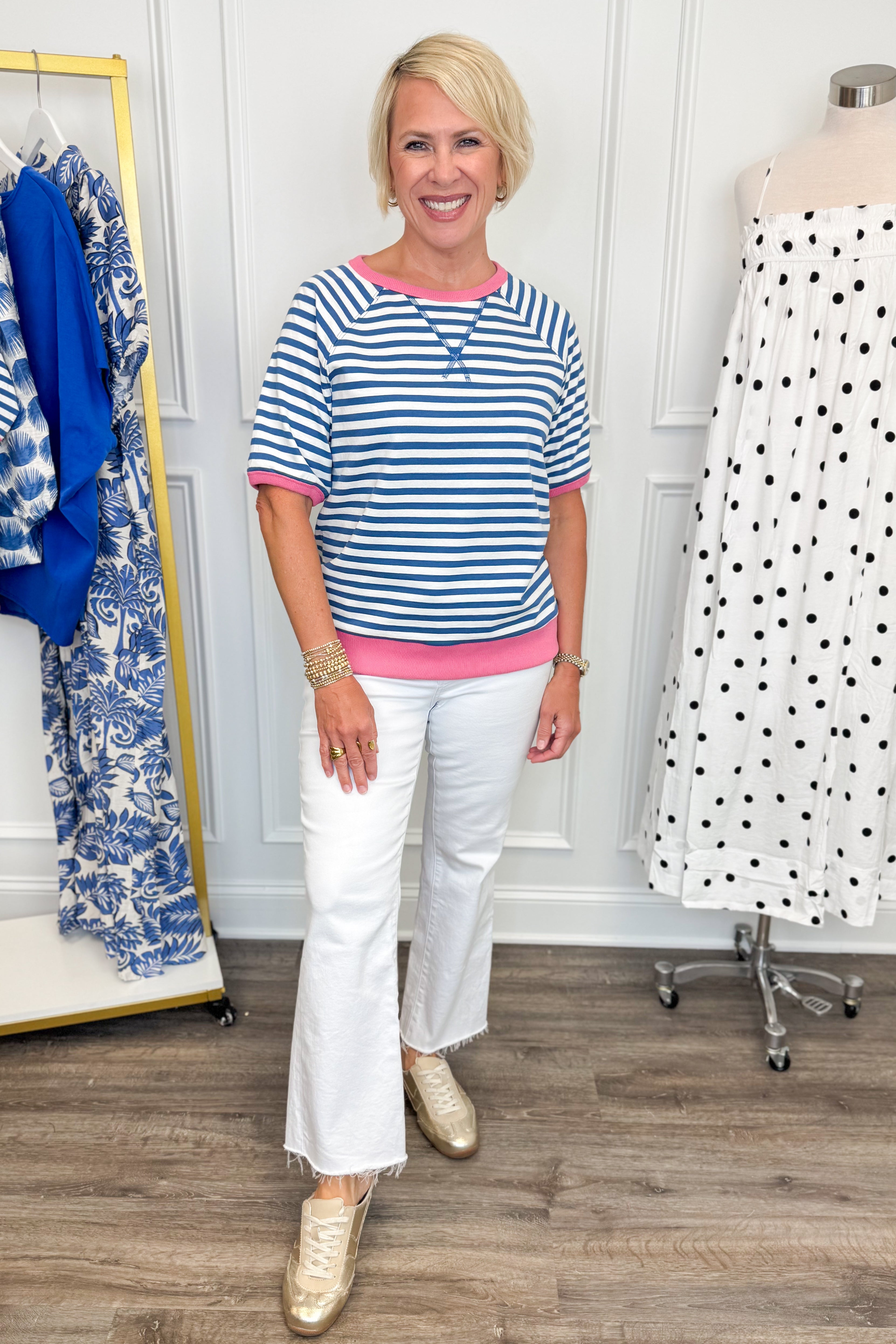 Got To Have It Blue & Pink Striped Short Sleeve Sweatshirt