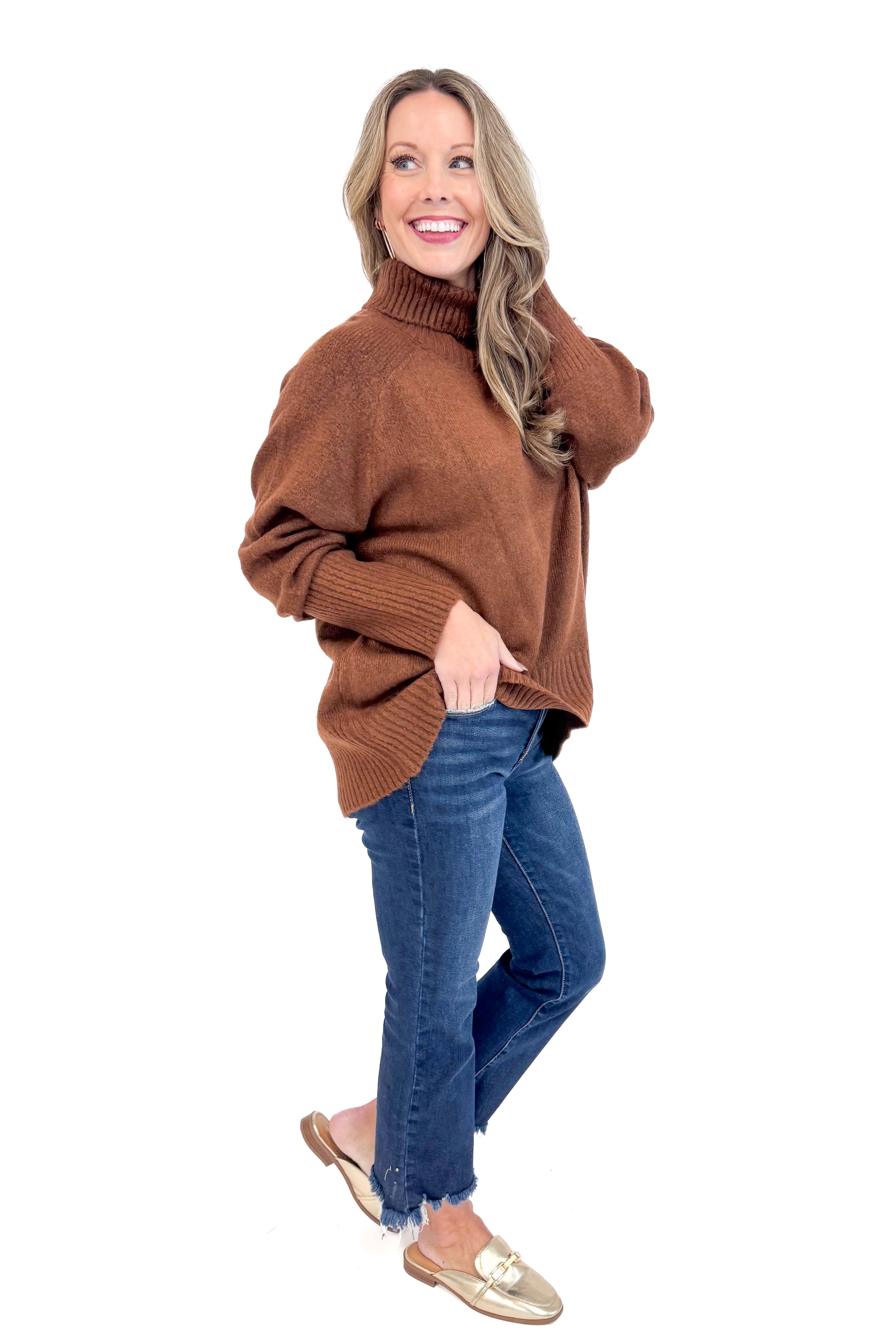 Side view of Spiced Just Right Chestnut Turtleneck Sweater showing rich chestnut color and soft knit texture