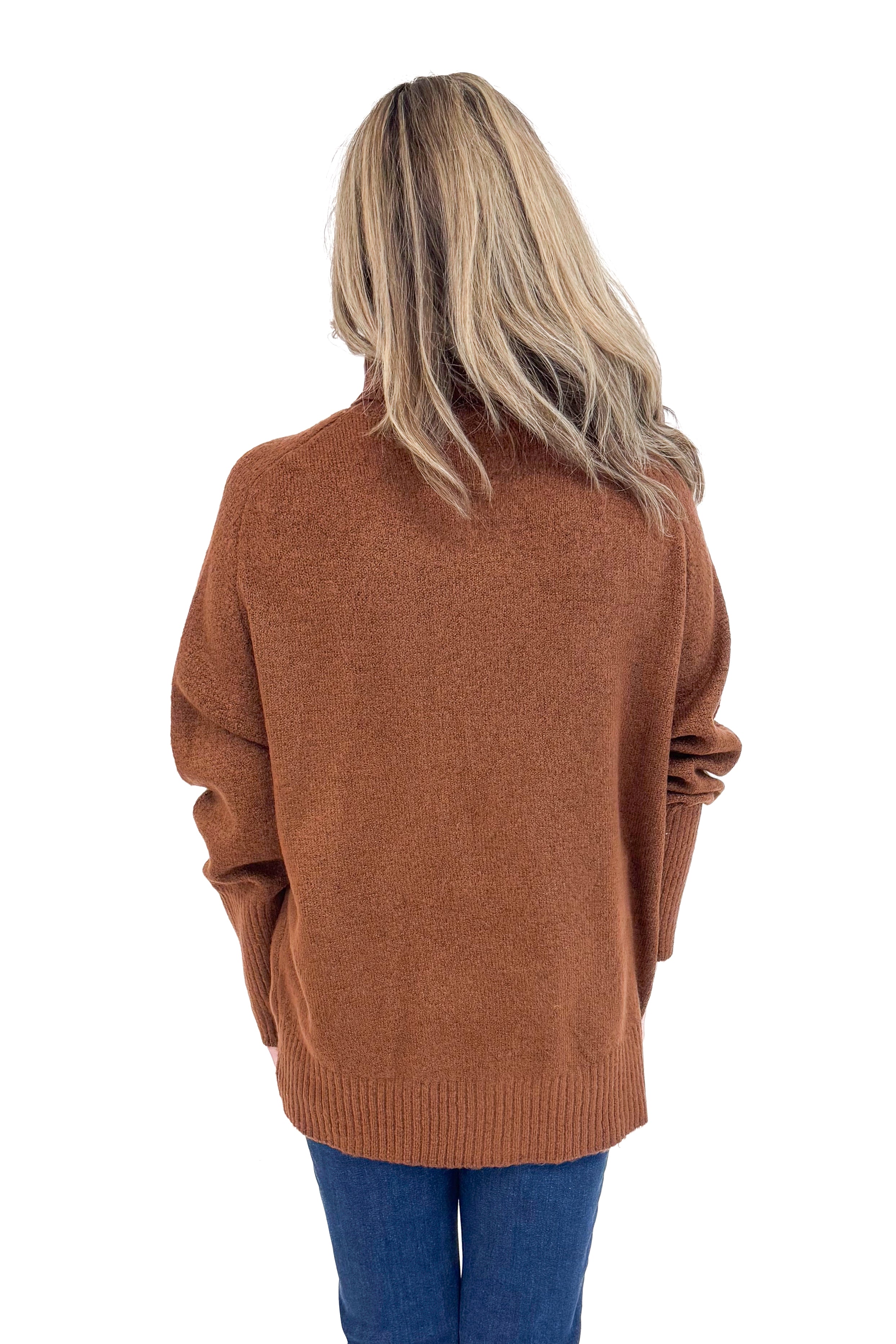 Back view of Spiced Just Right Chestnut Turtleneck Sweater showing rich chestnut color and soft knit texture