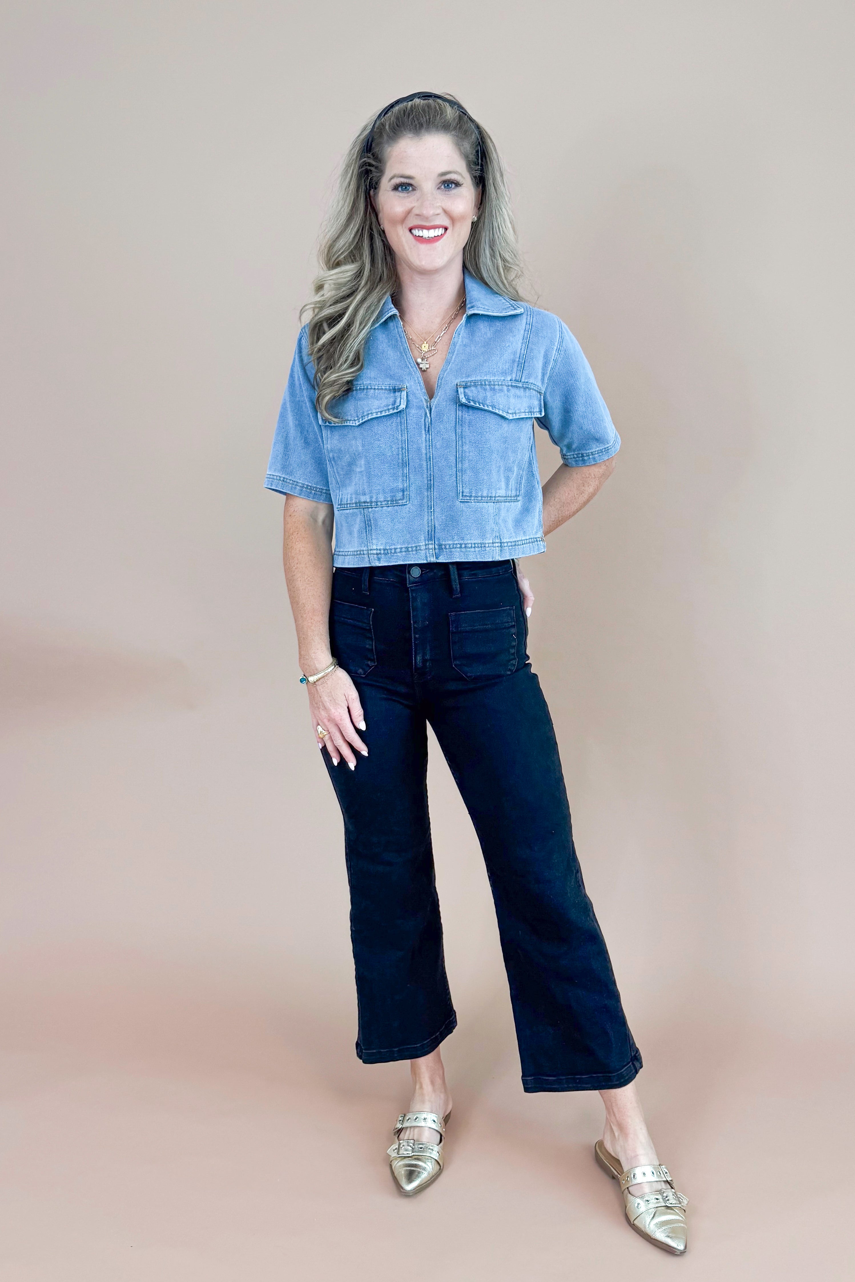 Mug Life Denim Double Pocket Top