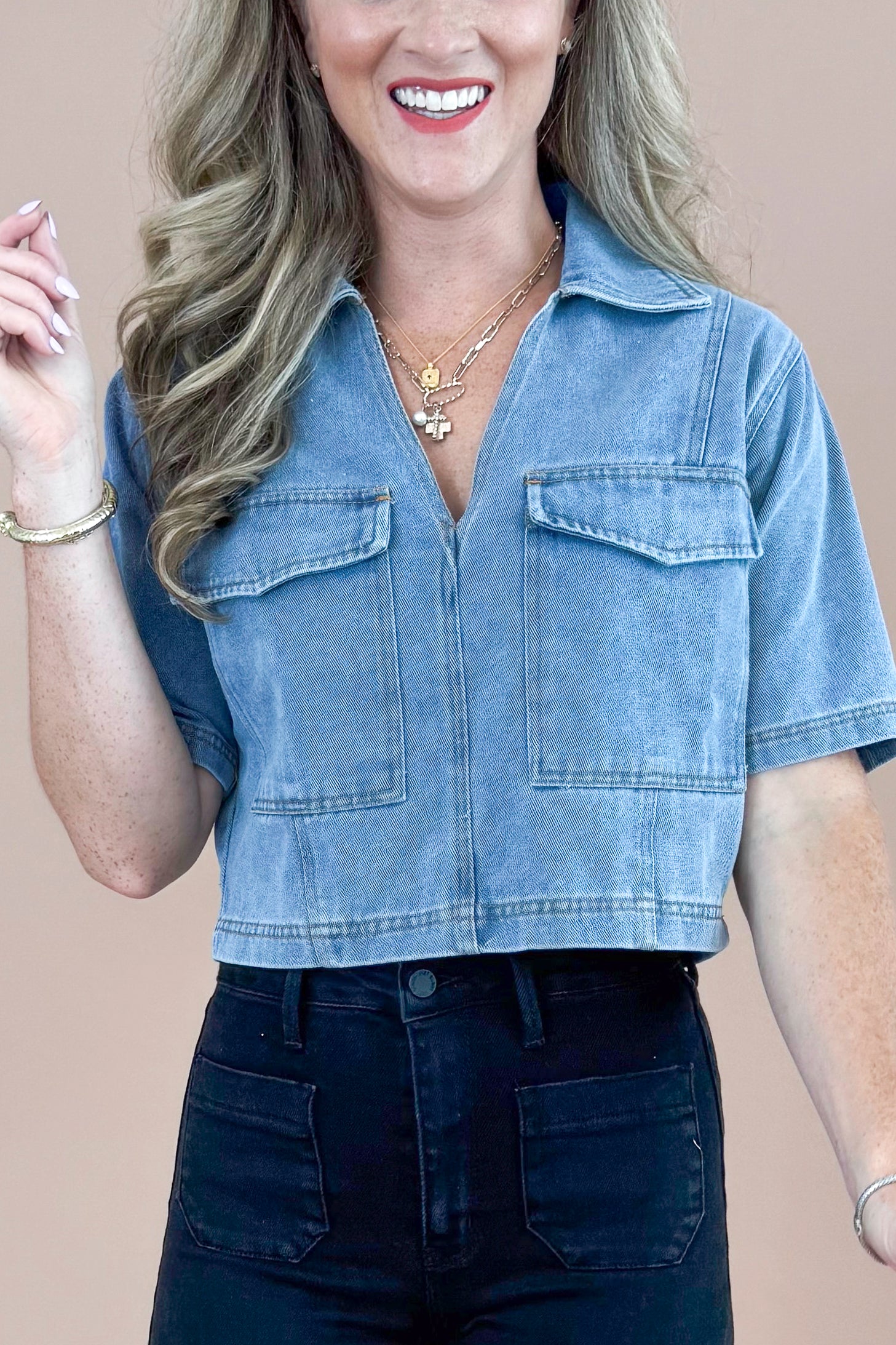 Mug Life Denim Double Pocket Top