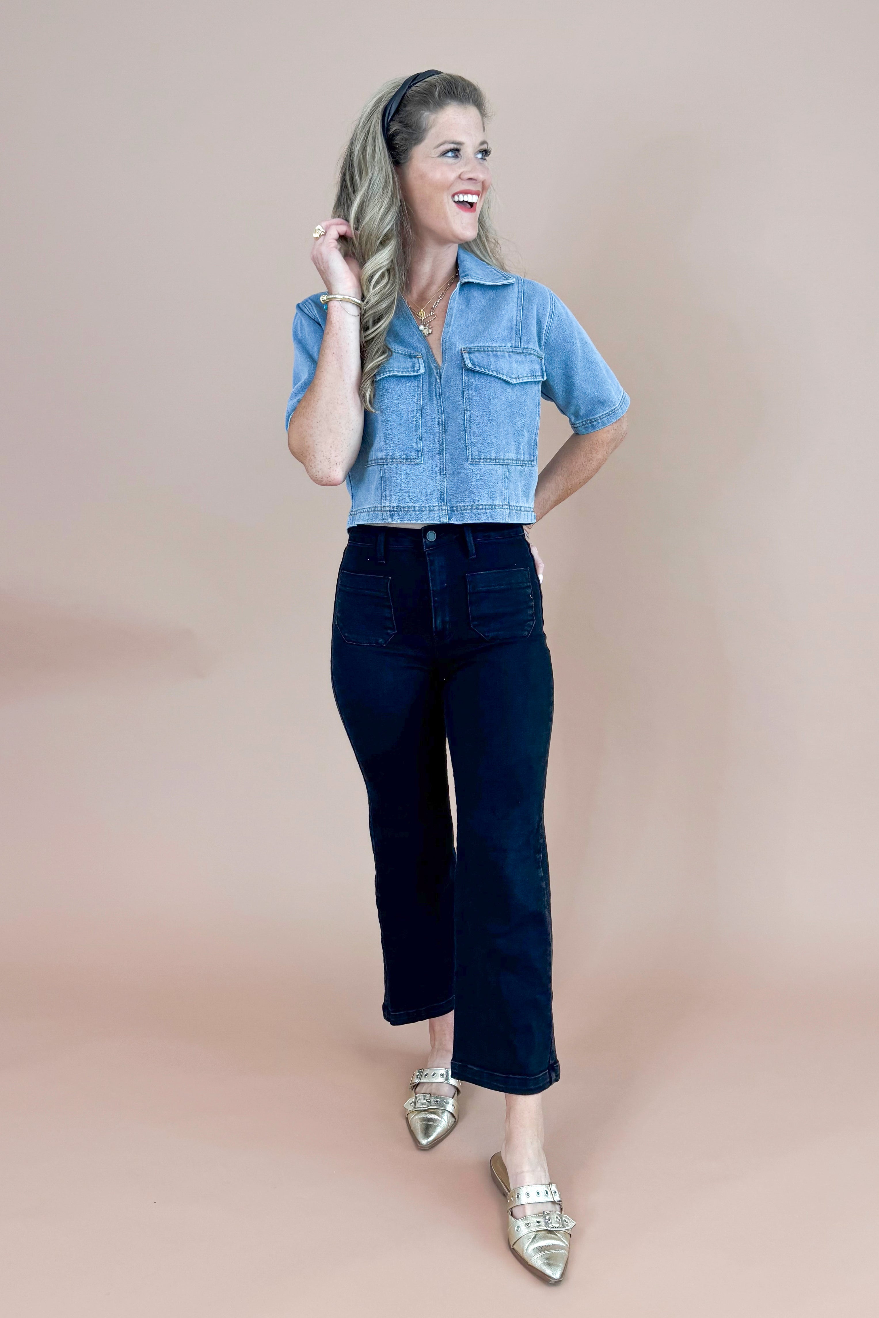Mug Life Denim Double Pocket Top