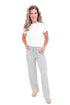 Front view of grey sweatpants and white top.