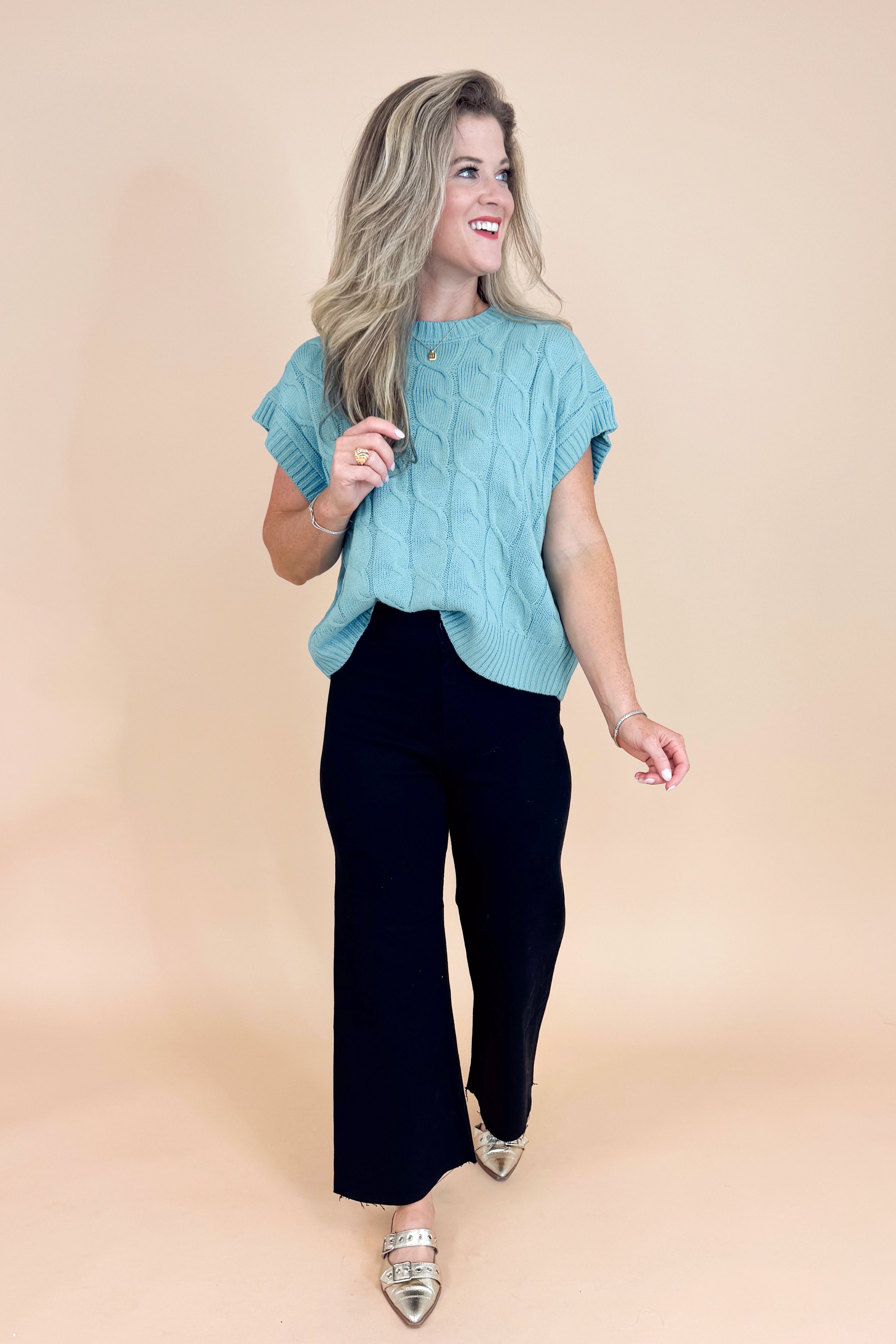 Heaven Sent Blue Cable Knit Short Sleeve Sweater