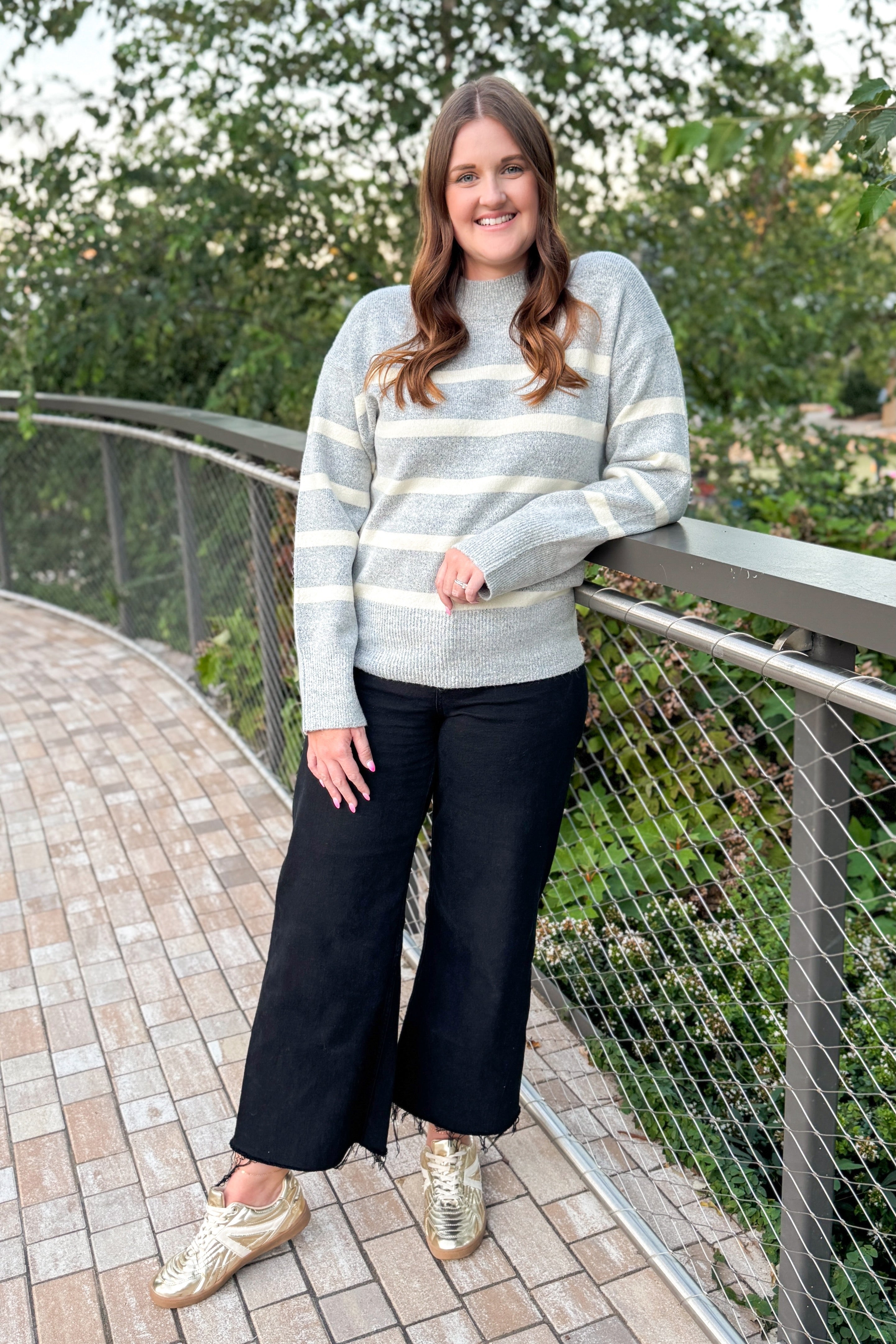 Light As Air Gray & Cream Striped Mock Neck Sweater
