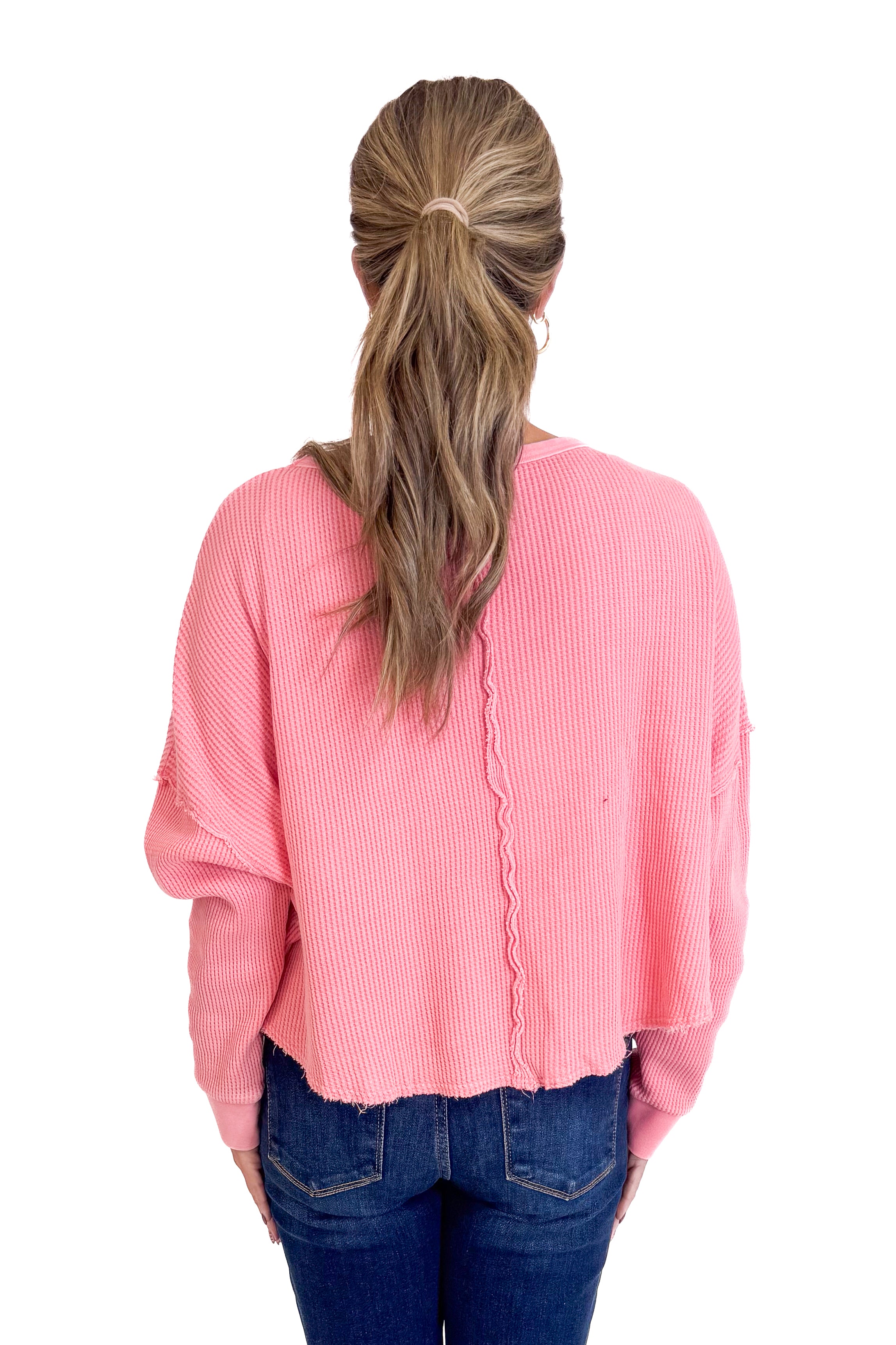 Breakfast Club Pink Drop Shoulder Waffle Weave Top