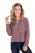 Full Circle wine and cream striped long sleeve top - front view on model