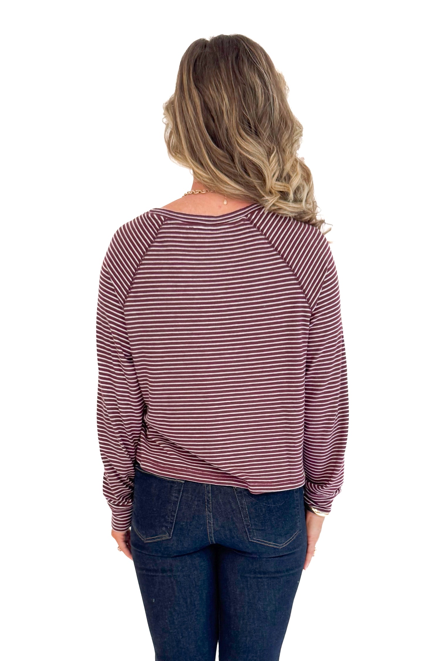 Full Circle wine and cream striped long sleeve top - rear back view on model