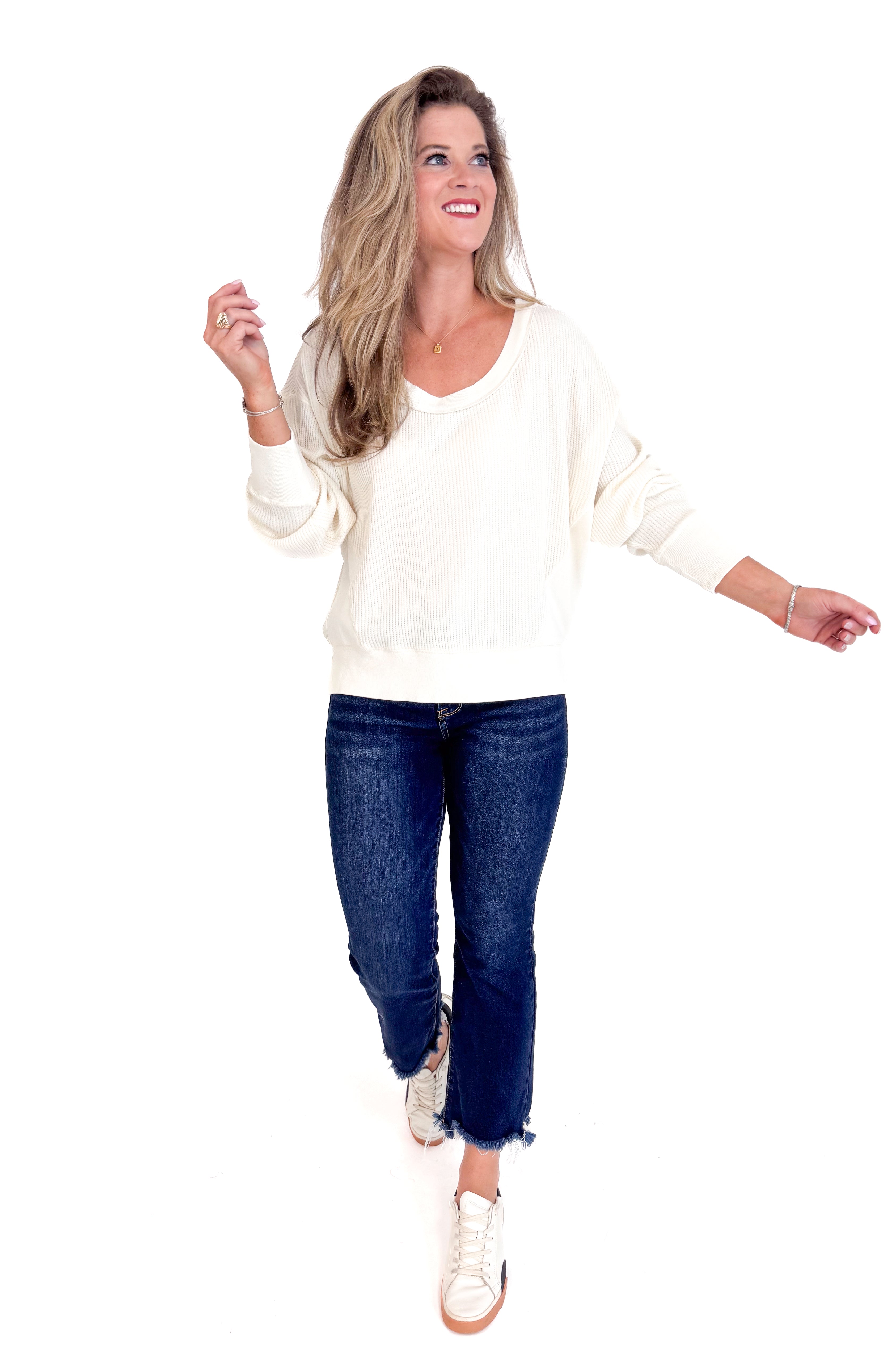 Falling Fast Cream Round Neck Waffle Weave Top