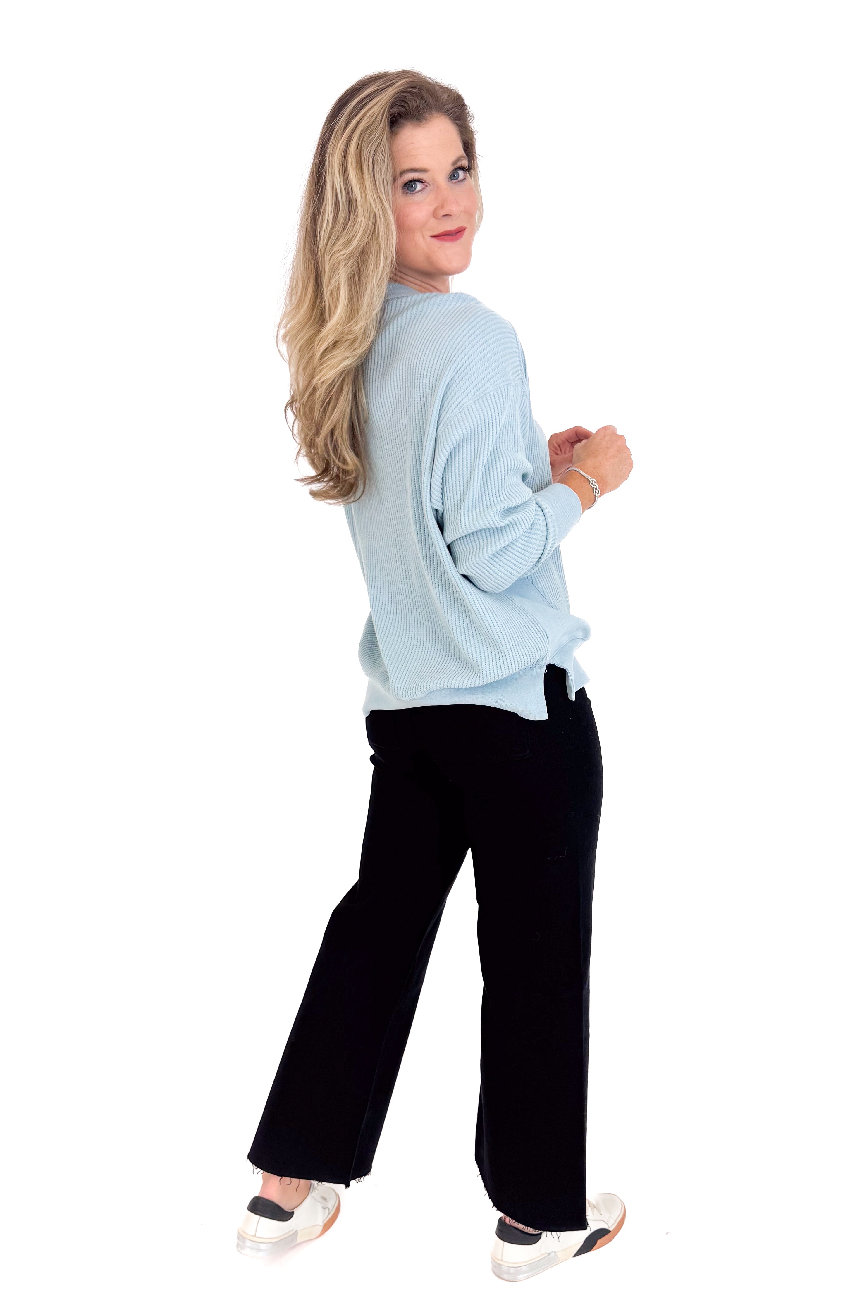 Falling Fast Washed Sky Blue Round Neck Waffle Weave Top