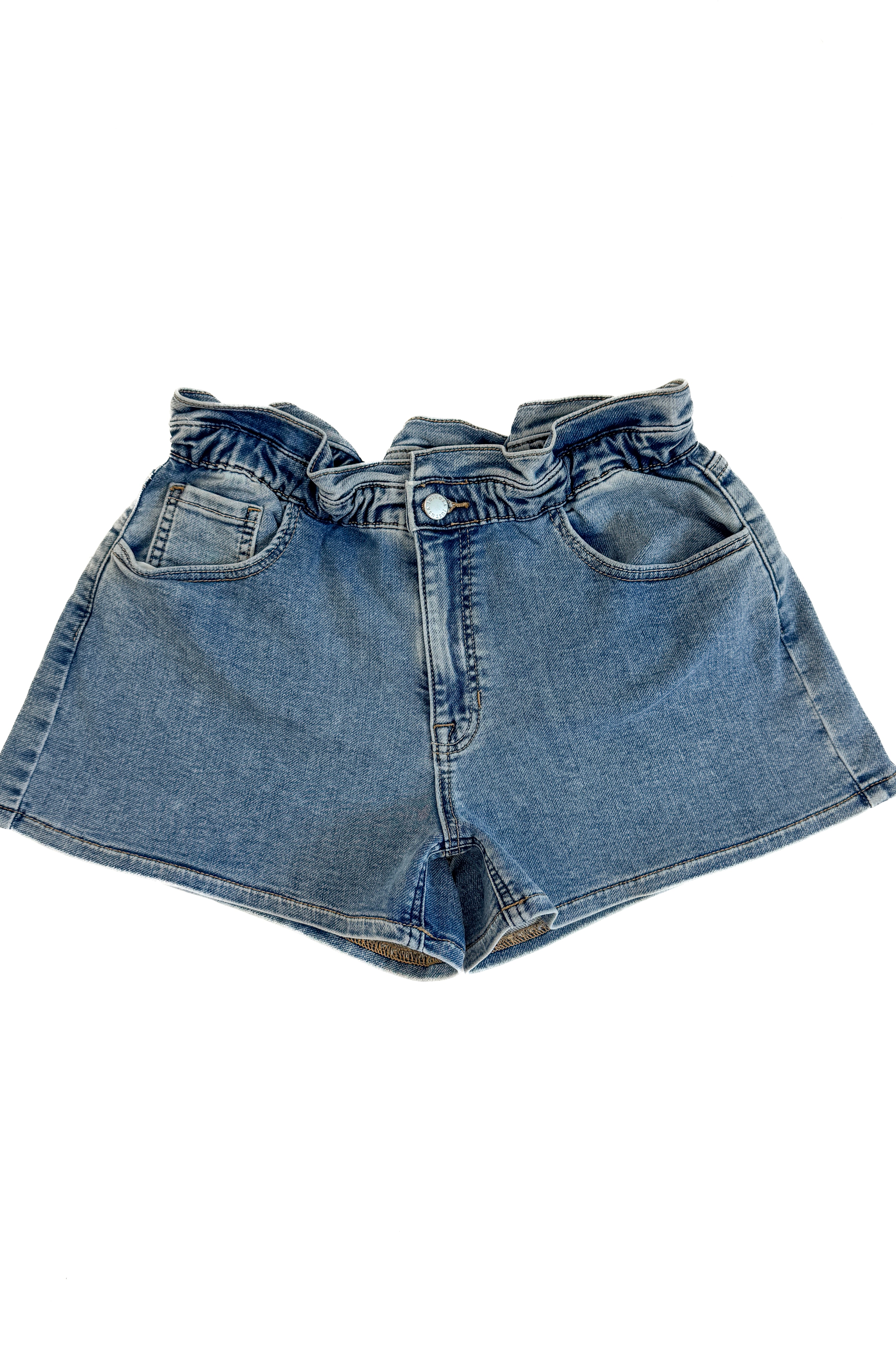 Denim Elastic Waist Shorts by Just Black Denim against white studio background.