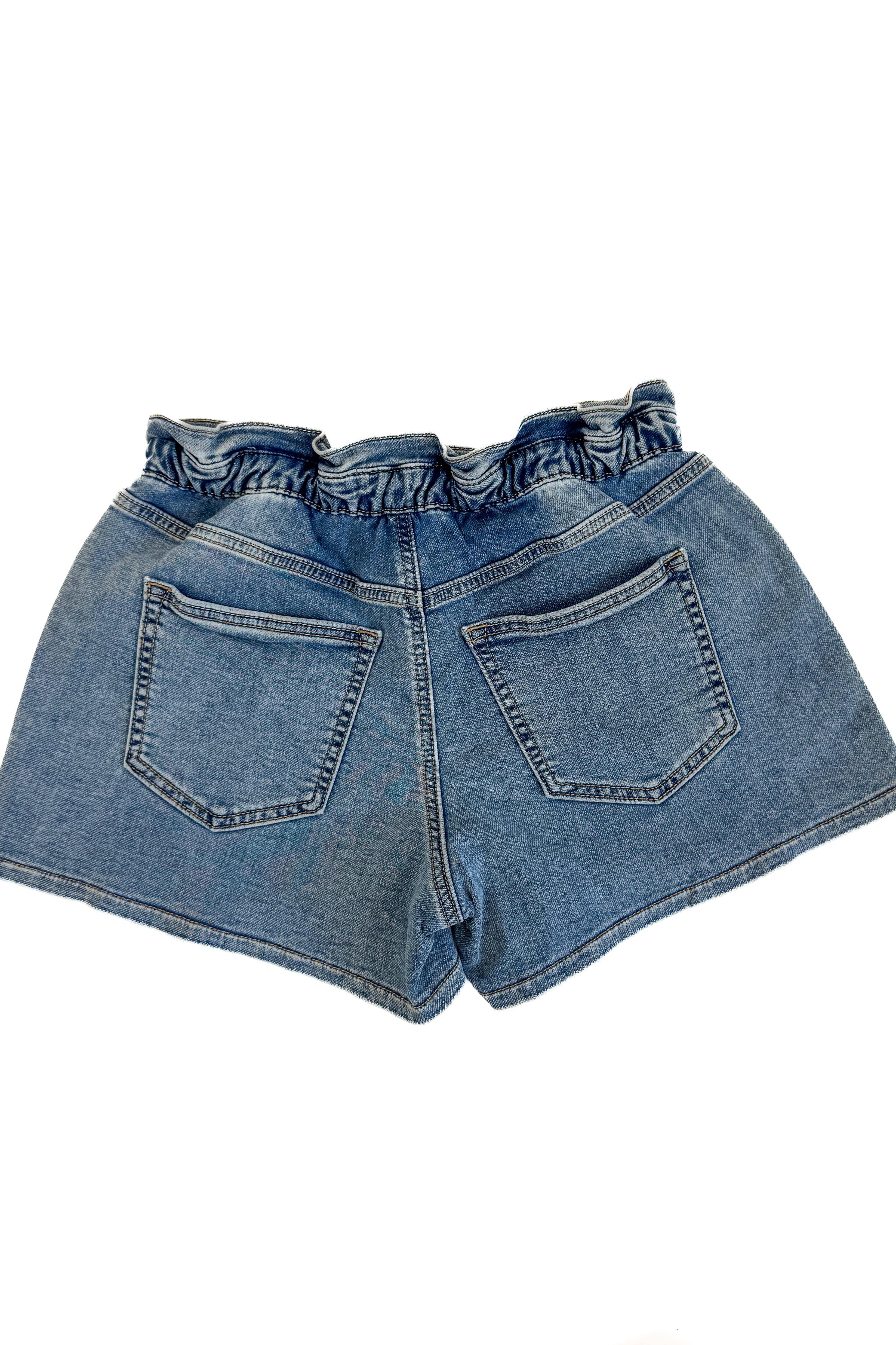 Back view of Denim Elastic Waist Shorts by Just Black Denim against white studio background.