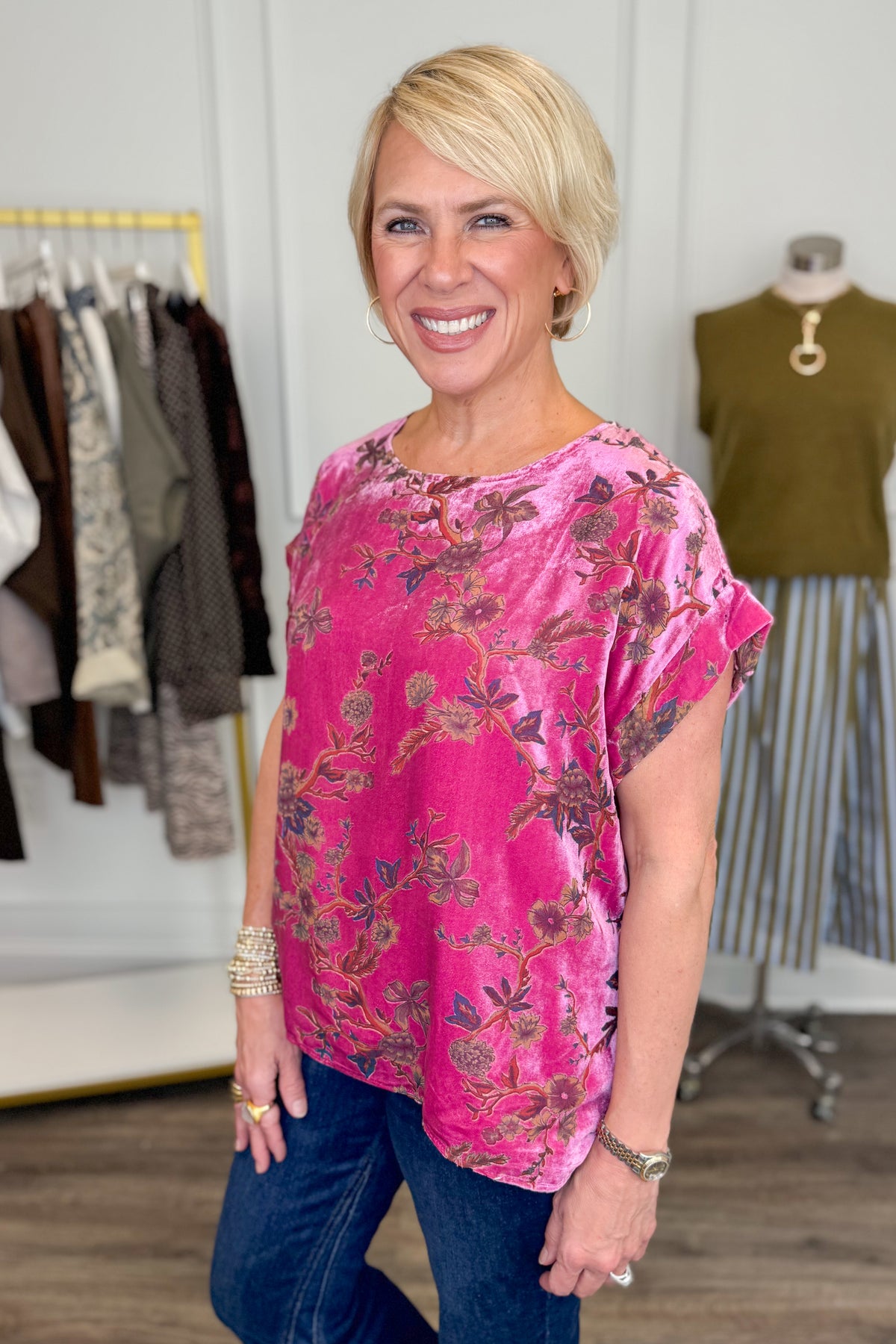 A Little Something Extra Pink Floral Velvet Top