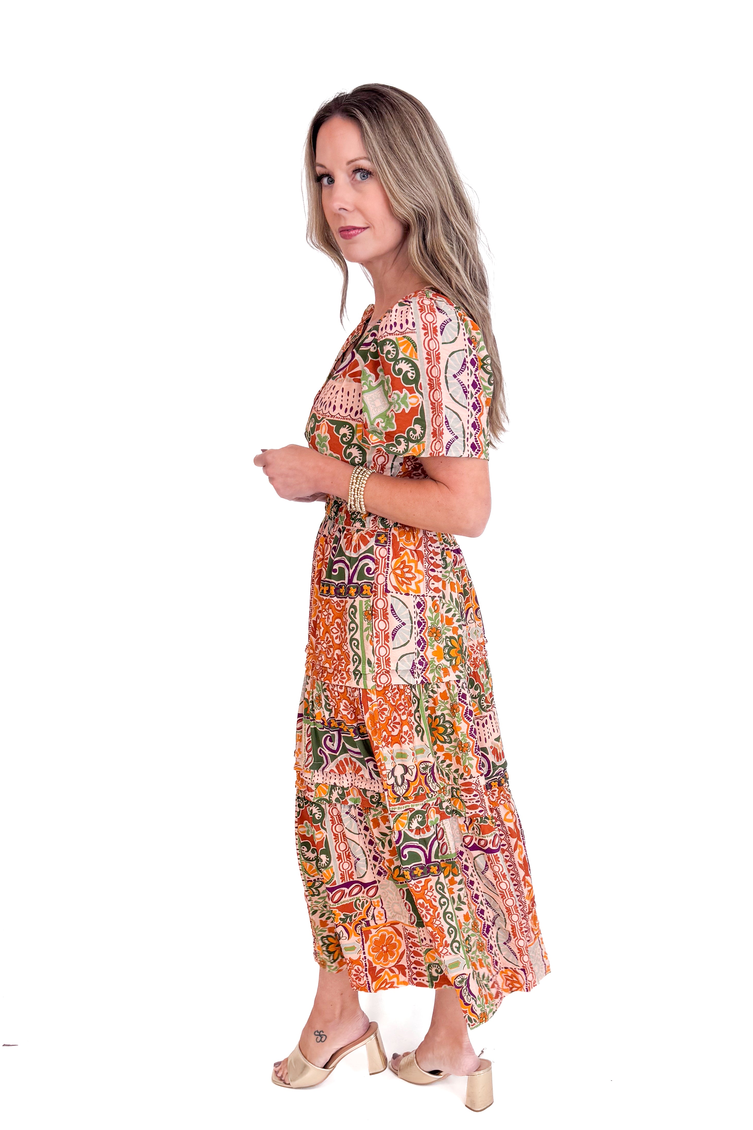 Catch My Drift Taupe, Rust & Multi Tiered Midi Dress by Fate
