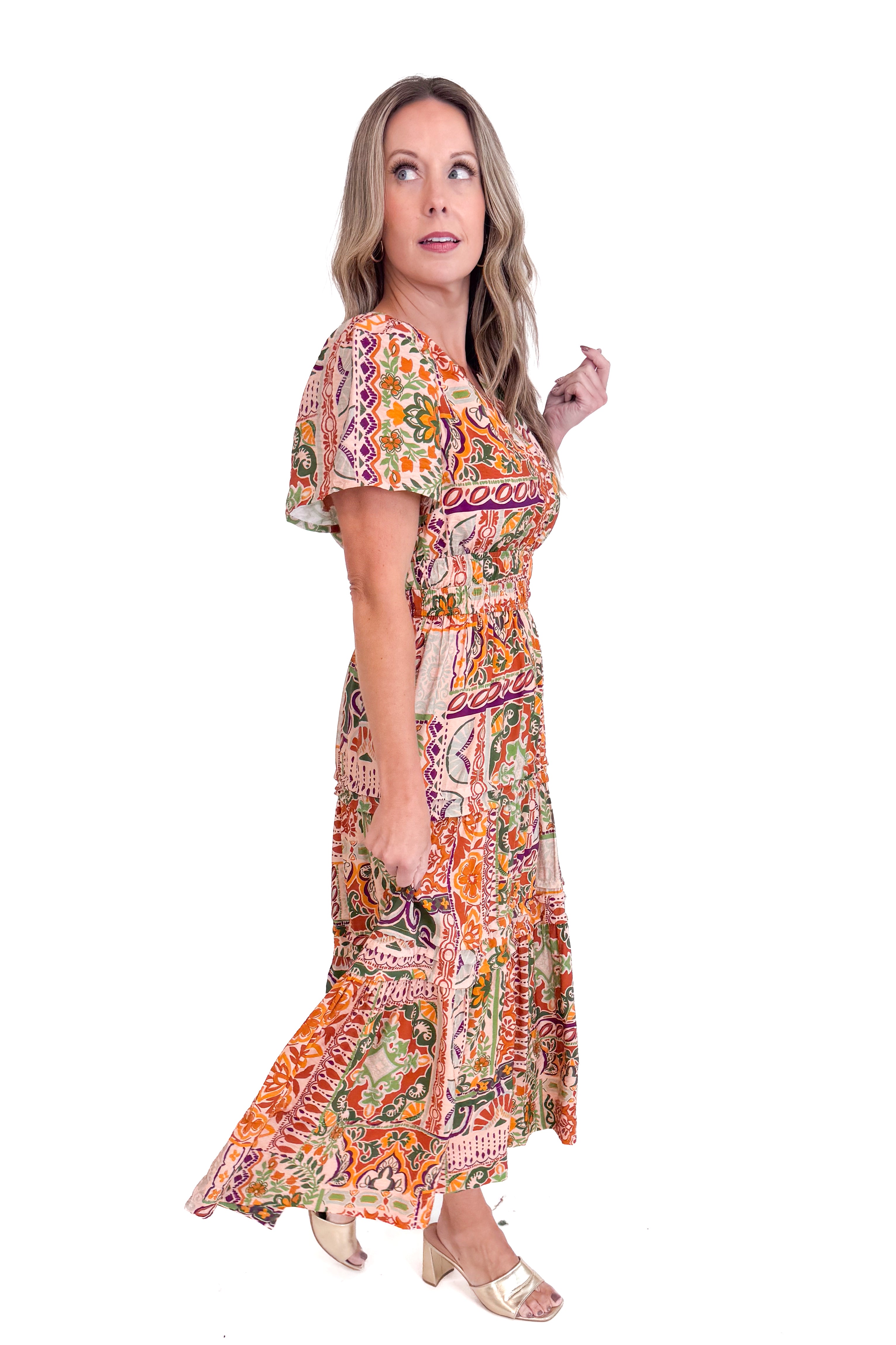 Catch My Drift Taupe, Rust & Multi Tiered Midi Dress by Fate
