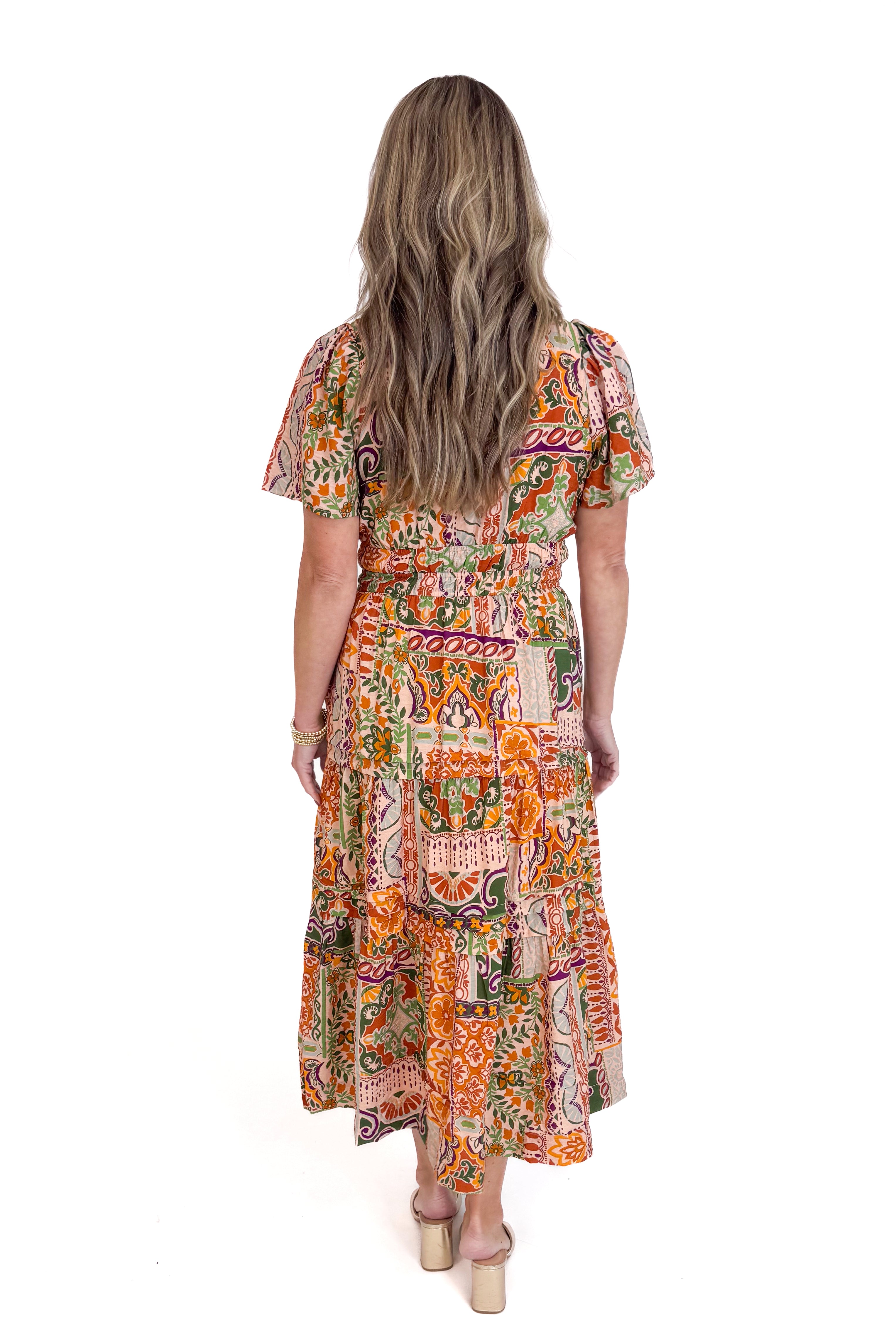 Catch My Drift Taupe, Rust & Multi Tiered Midi Dress by Fate