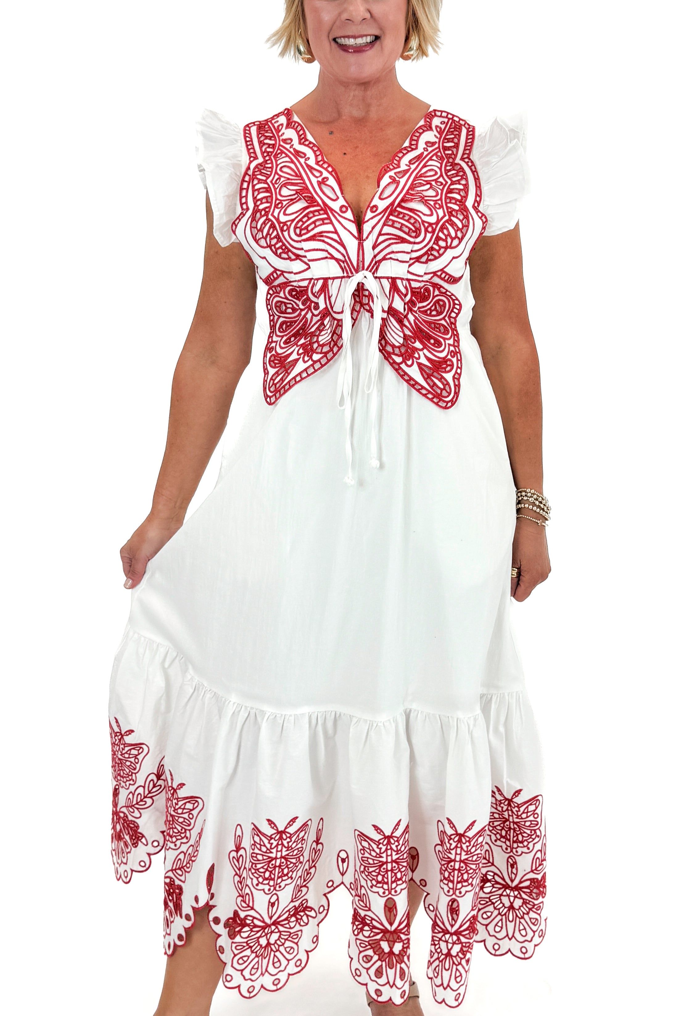 Front view of woman wearing Red & White Butterfly Embroidered Midi Dress by Fate against white studio background.