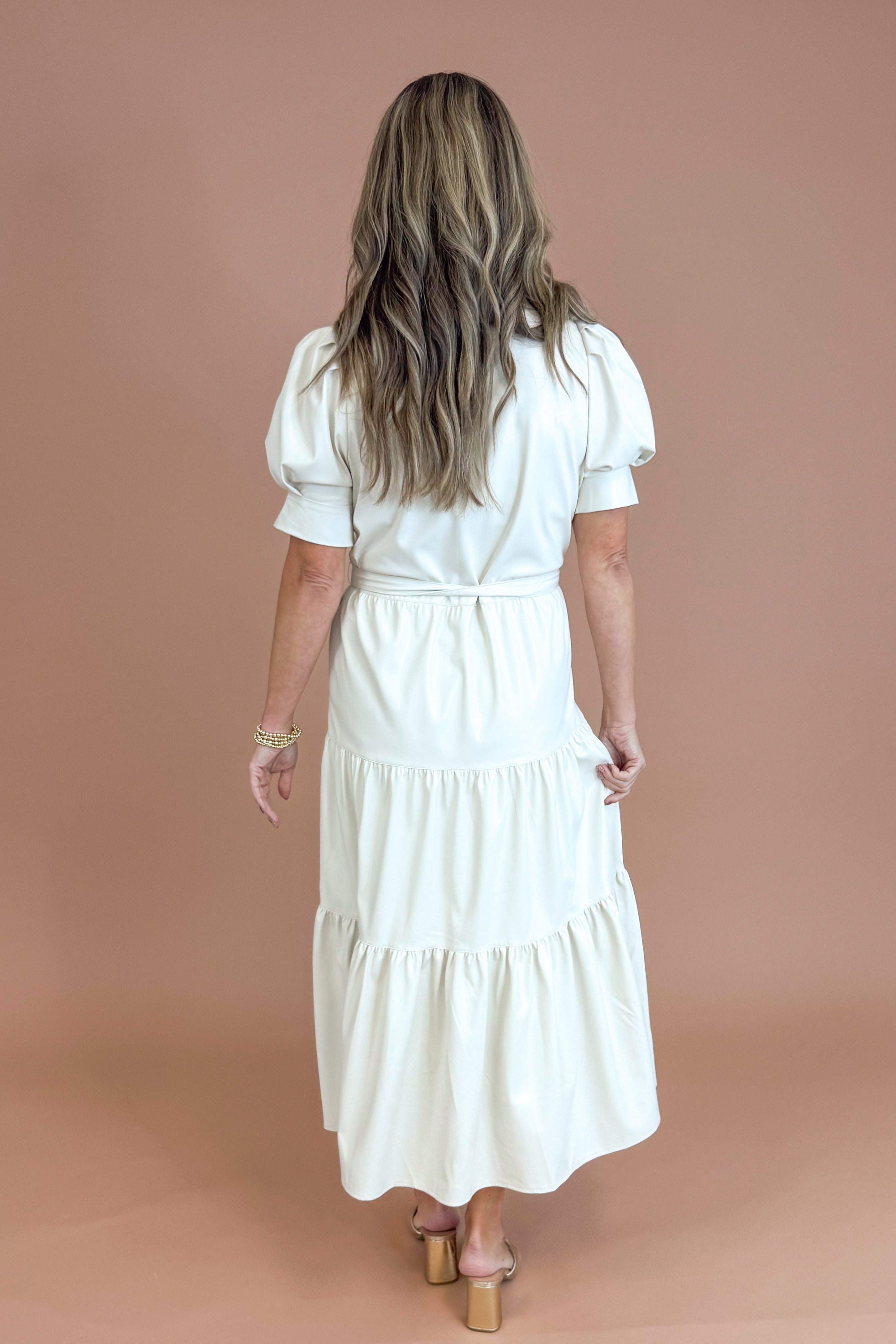 Through The Looking Glass White Faux Leather Tiered Midi Dress by Elan
