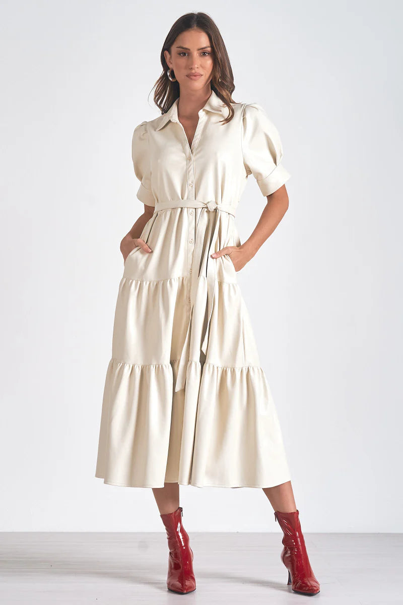 Through The Looking Glass White Faux Leather Tiered Midi Dress by Elan