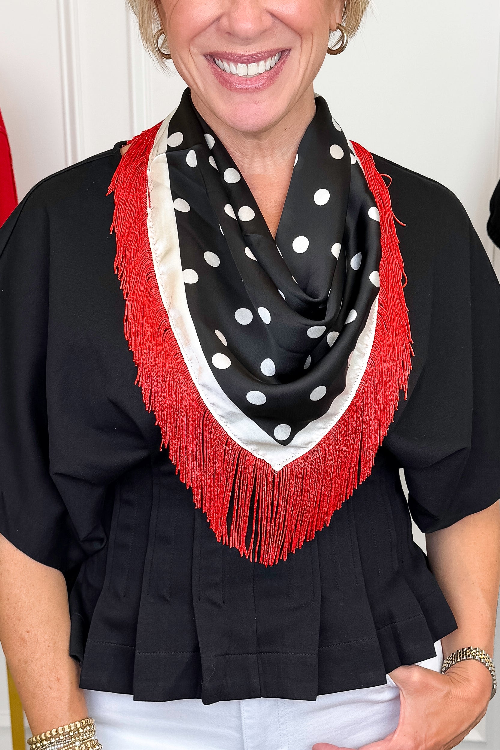 Fringe Detail Black With Polka Dots Square Scarf on woman wearing black top.