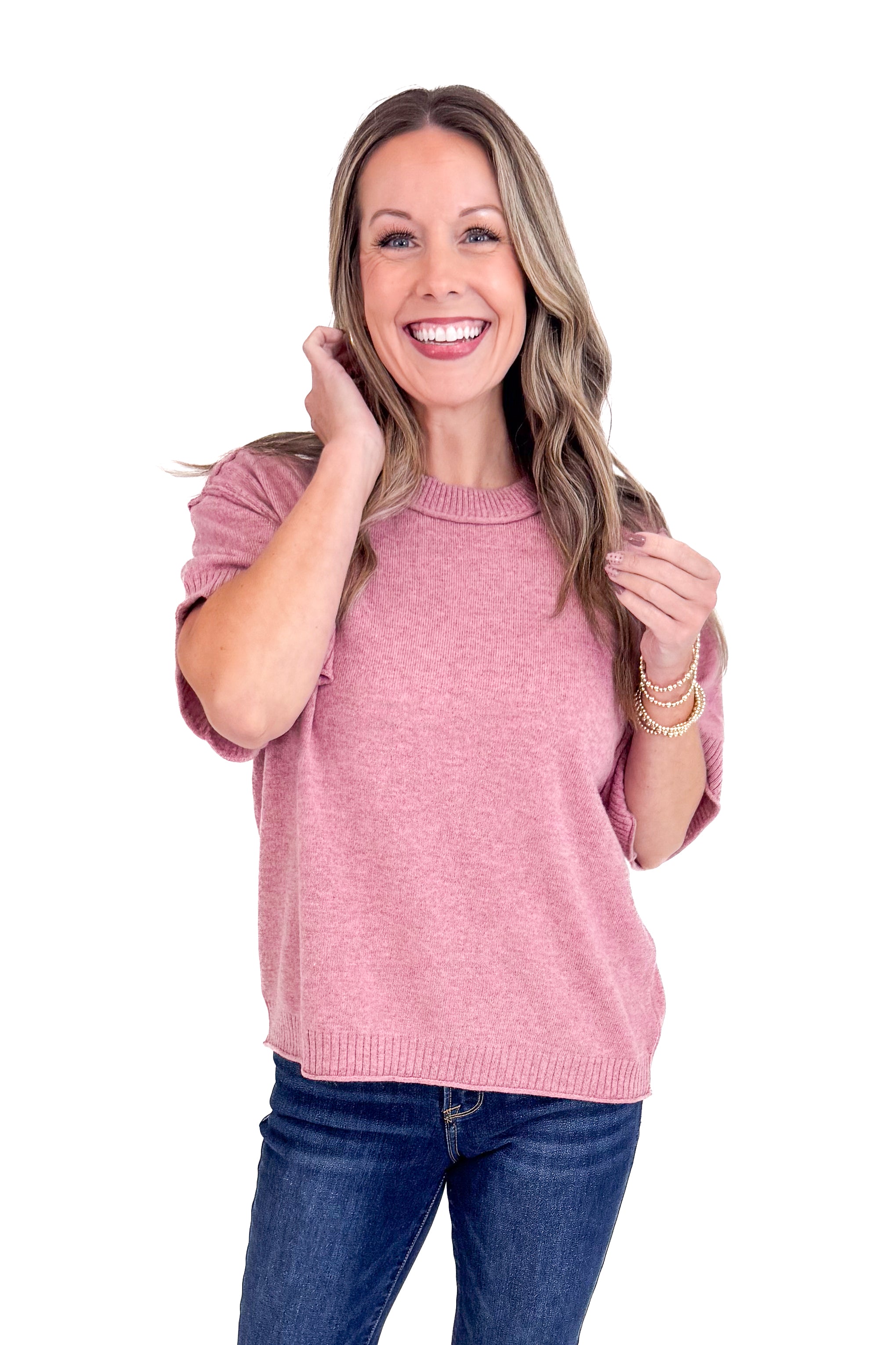 Comfort Zone Mauve Ribbed Hem Detail Short Sleeve Sweater