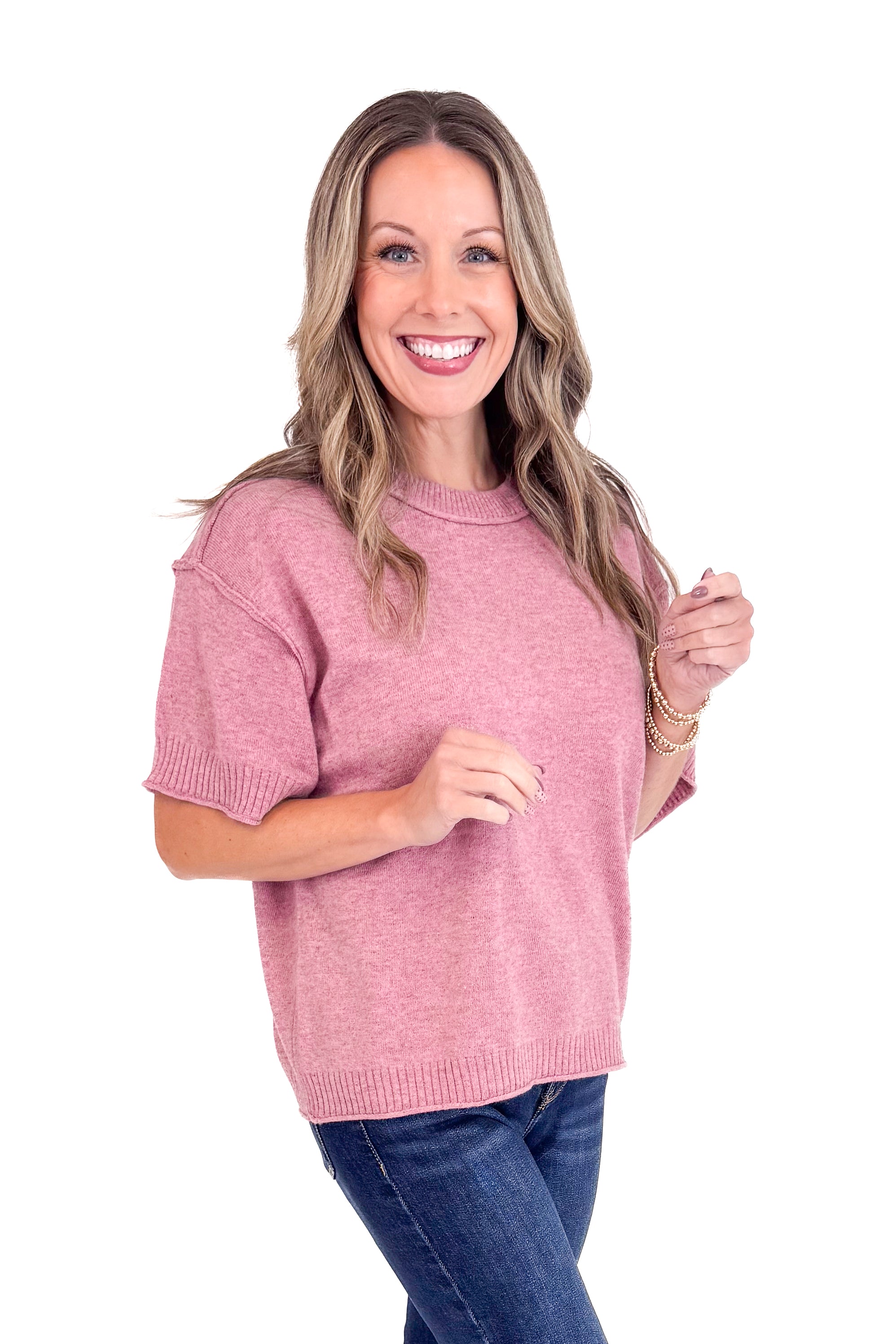 Comfort Zone Mauve Ribbed Hem Detail Short Sleeve Sweater