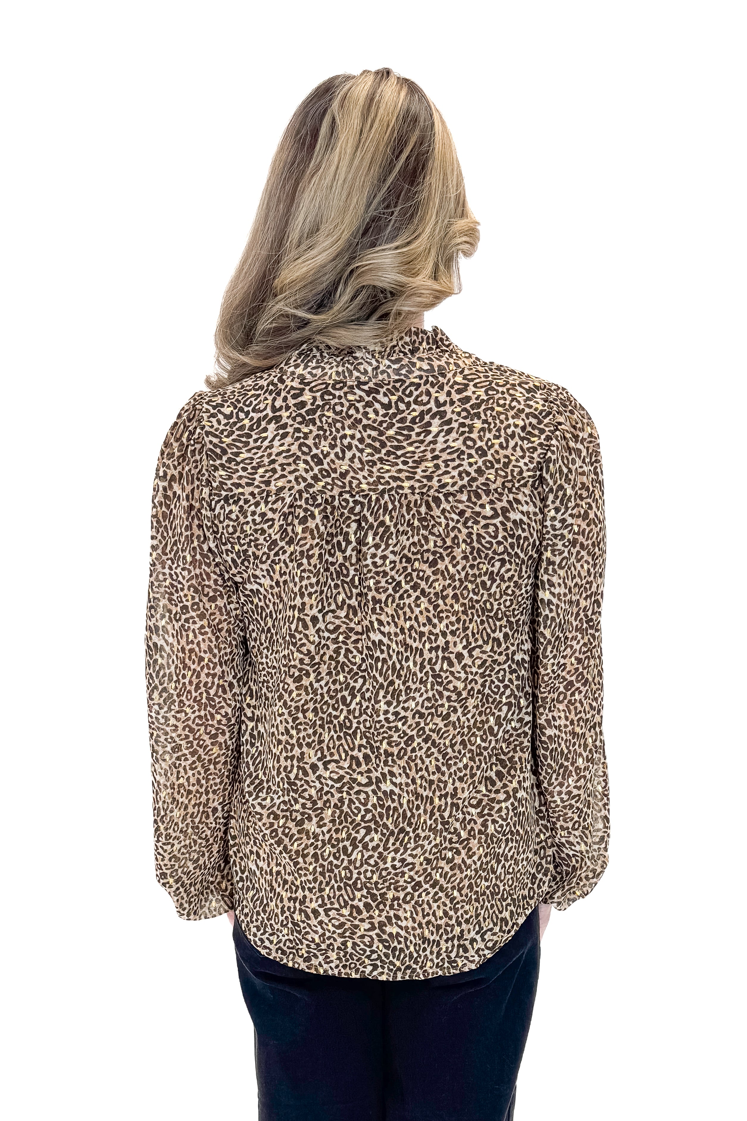 Back view of woman wearing Leopard V-neck With Metallic Detail Top with jeans against white studio background.