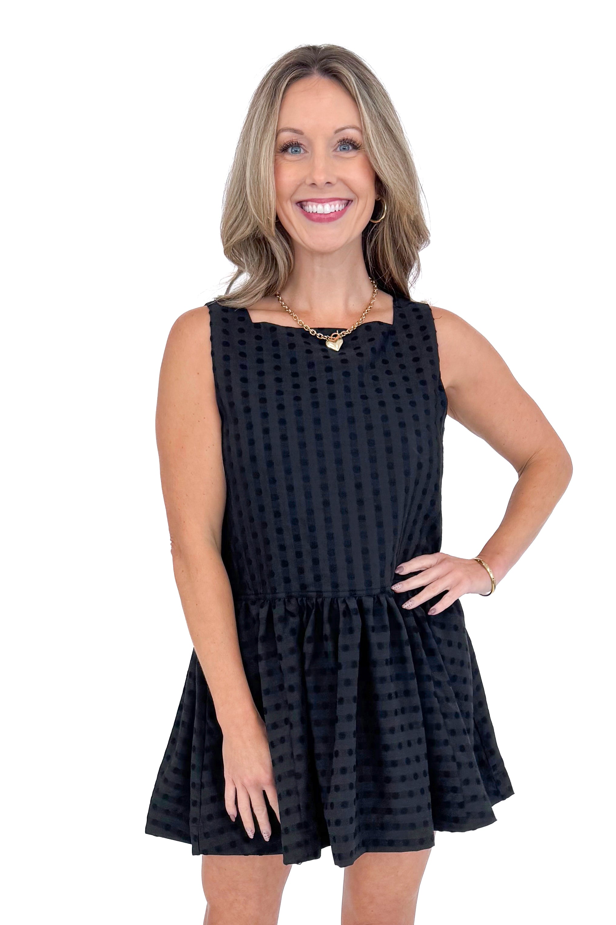 Woman wearing Black Square Neck Polka Dot Detail Dress against a white studio background.