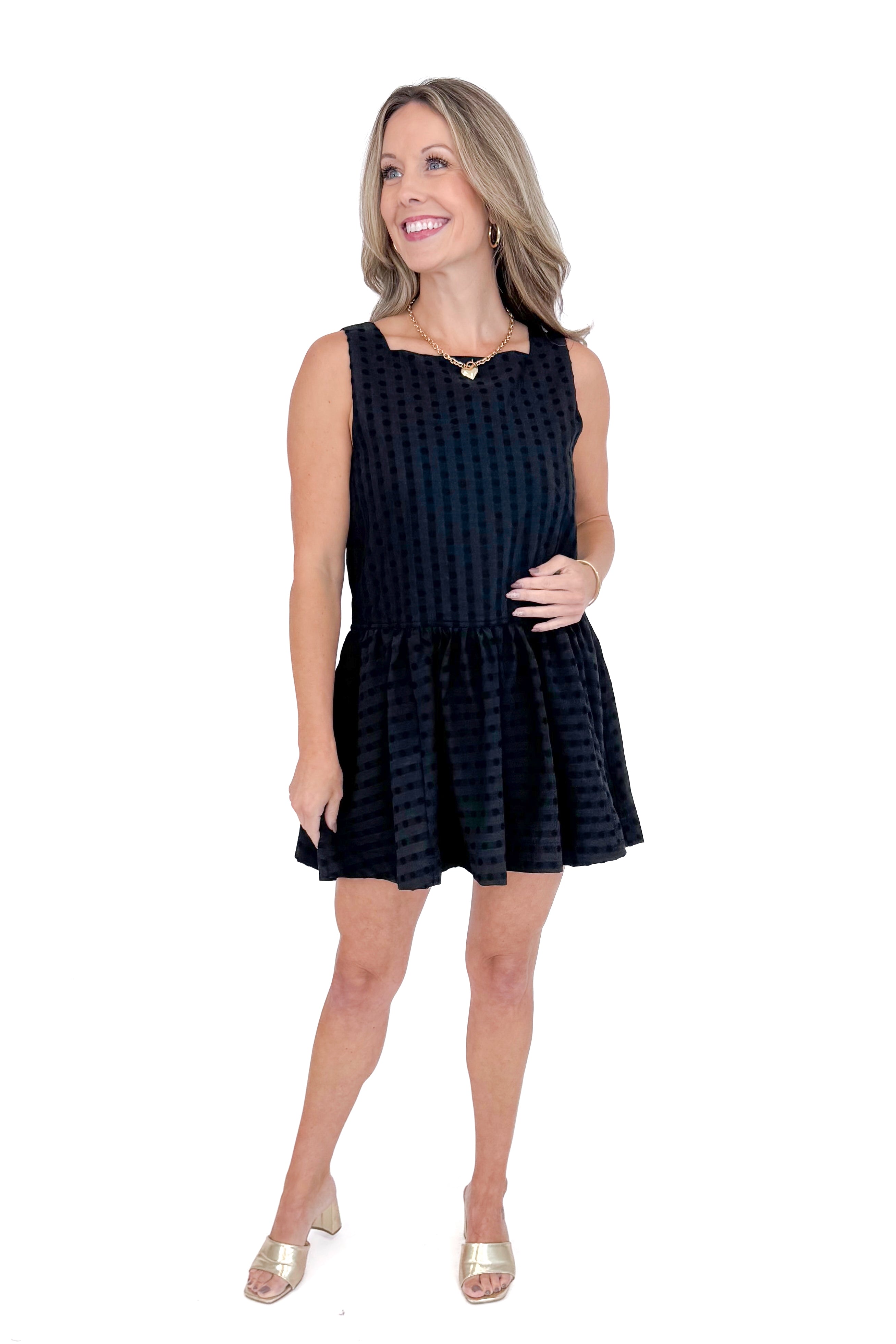 Woman wearing Black Square Neck Polka Dot Detail Dress against a white studio background.