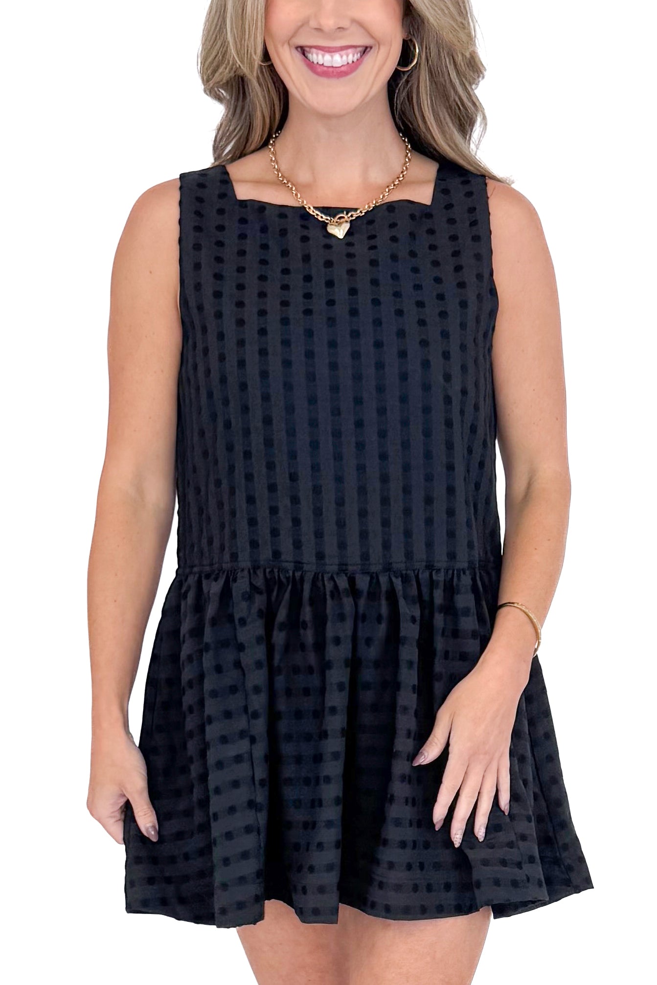 Woman wearing Black Square Neck Polka Dot Detail Dress against a white studio background.