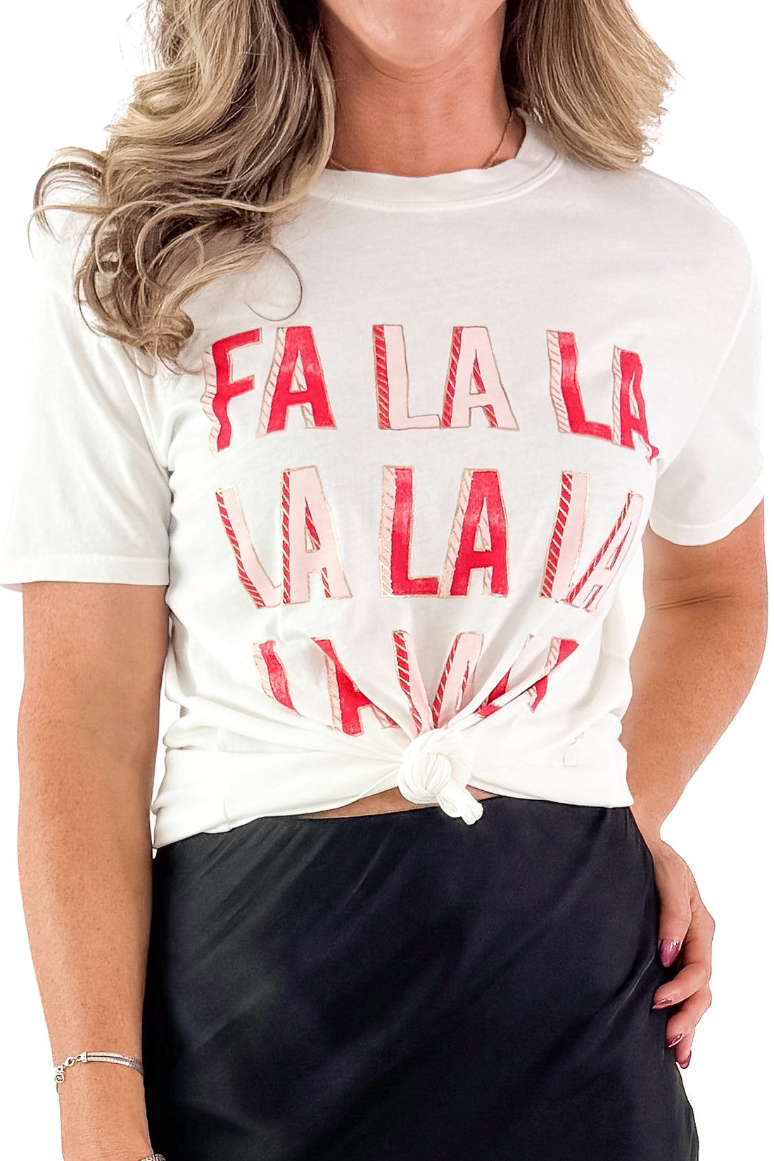 Front detailed view of woman wearing Sea Salt Falalala Boyfriend Tee by Z Supply with skirt against white studio background.