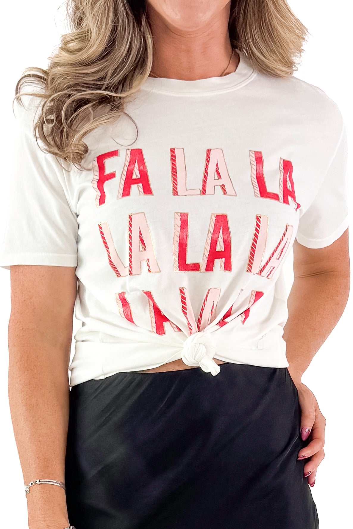 Front detailed view of woman wearing Sea Salt Falalala Boyfriend Tee by Z Supply with skirt against white studio background.