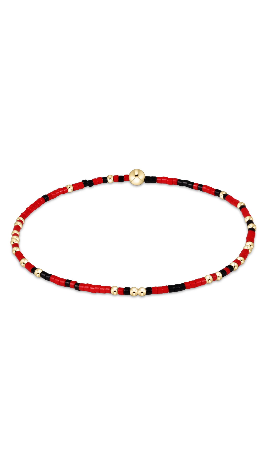 A beaded bracelet with alternating red and black beads, accented by small gold spacer beads and a central gold disc clasp, shown on a plain white background.